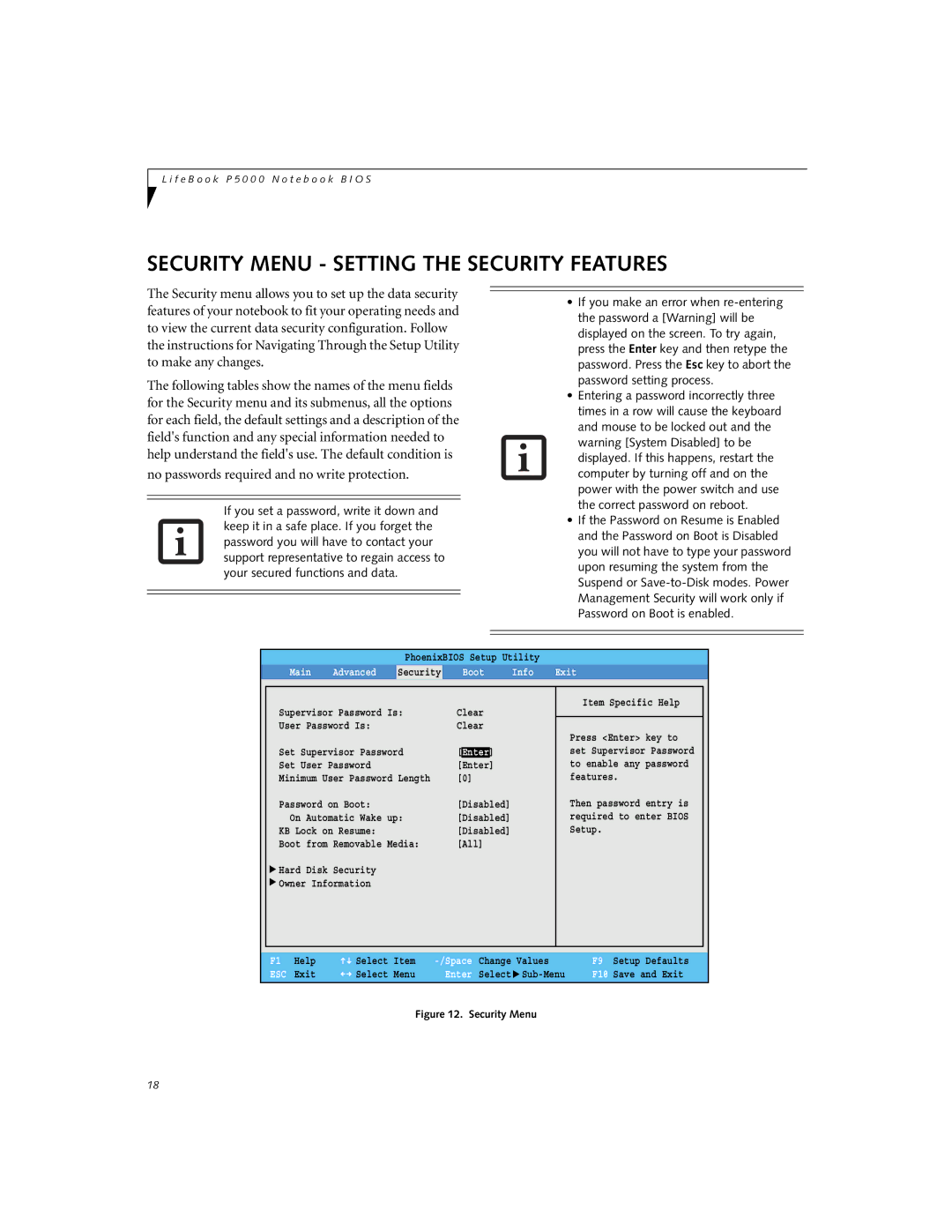 Fujitsu P5020D manual Security Menu Setting the Security Features, No passwords required and no write protection 