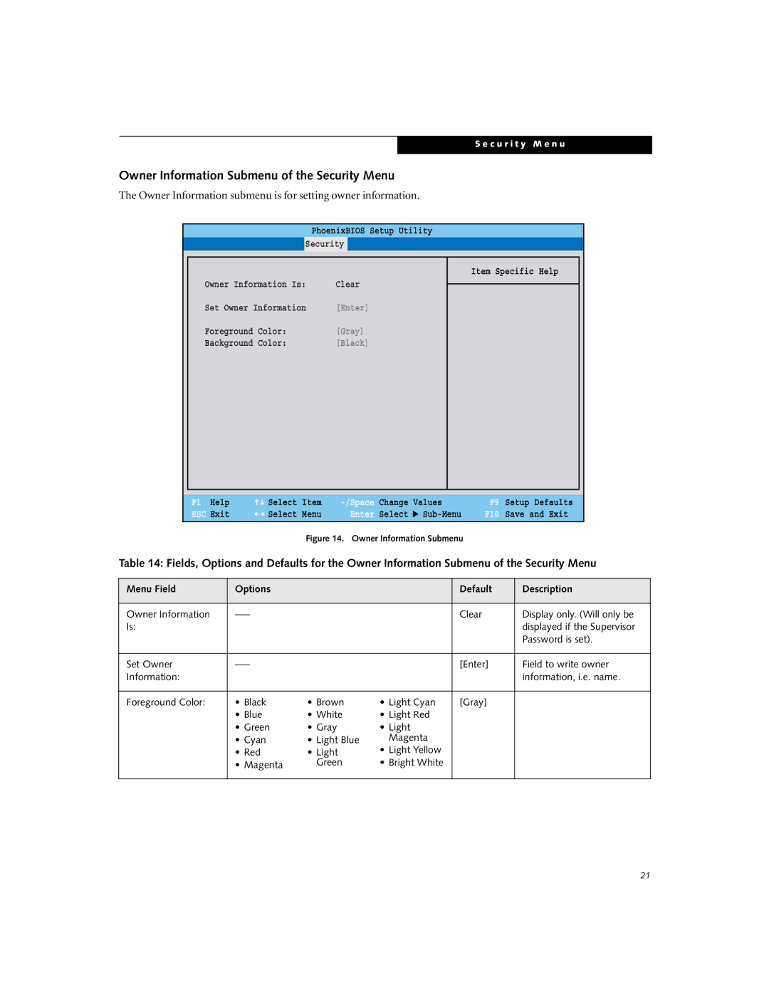 Fujitsu P5020 Owner Information Submenu of the Security Menu, Owner Information submenu is for setting owner information 