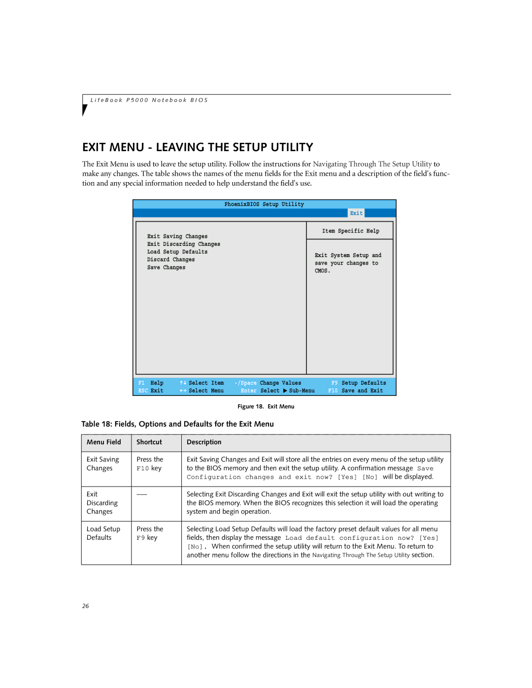 Fujitsu P5020D manual Exit Menu Leaving the Setup Utility, Fields, Options and Defaults for the Exit Menu 