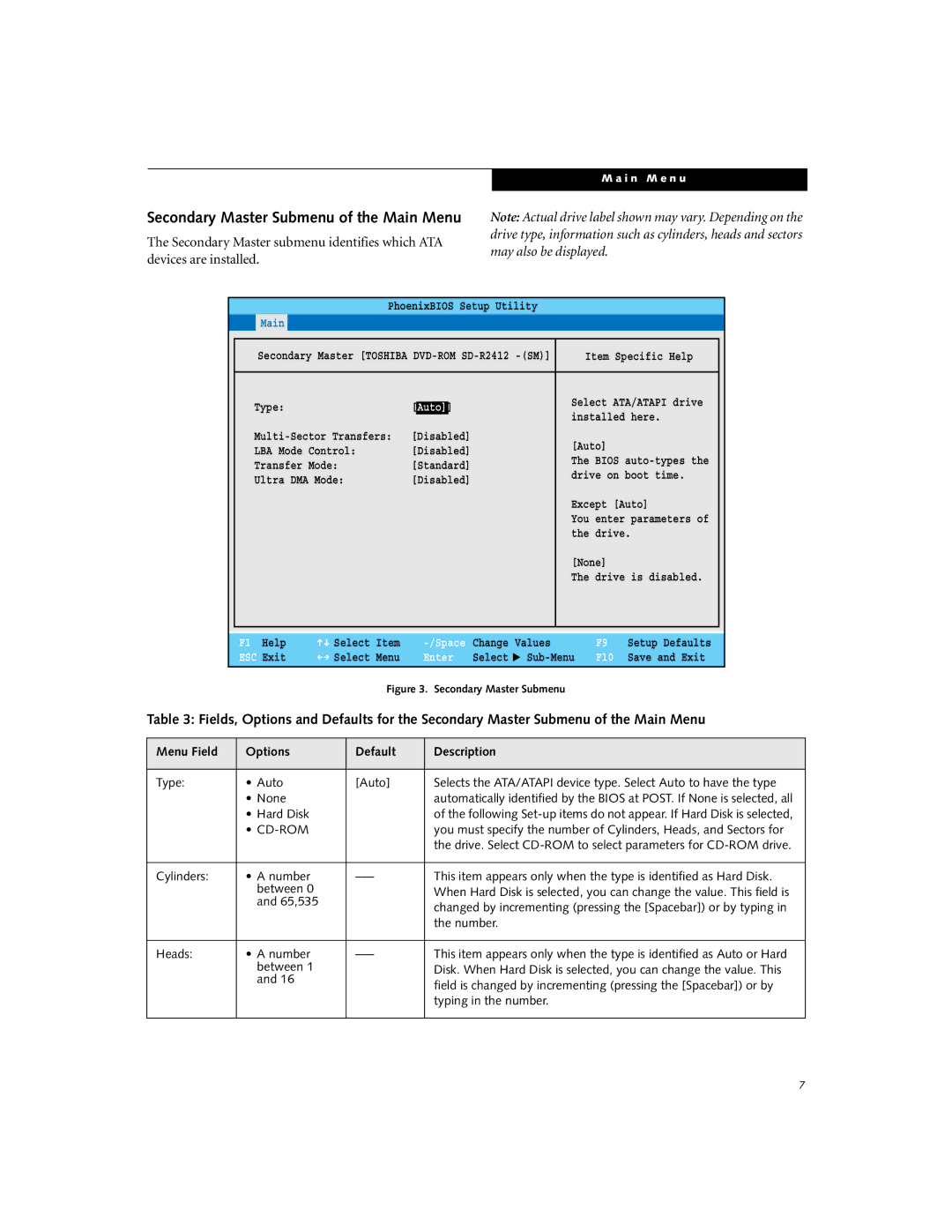 Fujitsu P5020D manual Secondary Master Submenu of the Main Menu, Auto, Hard Disk, 65,535 