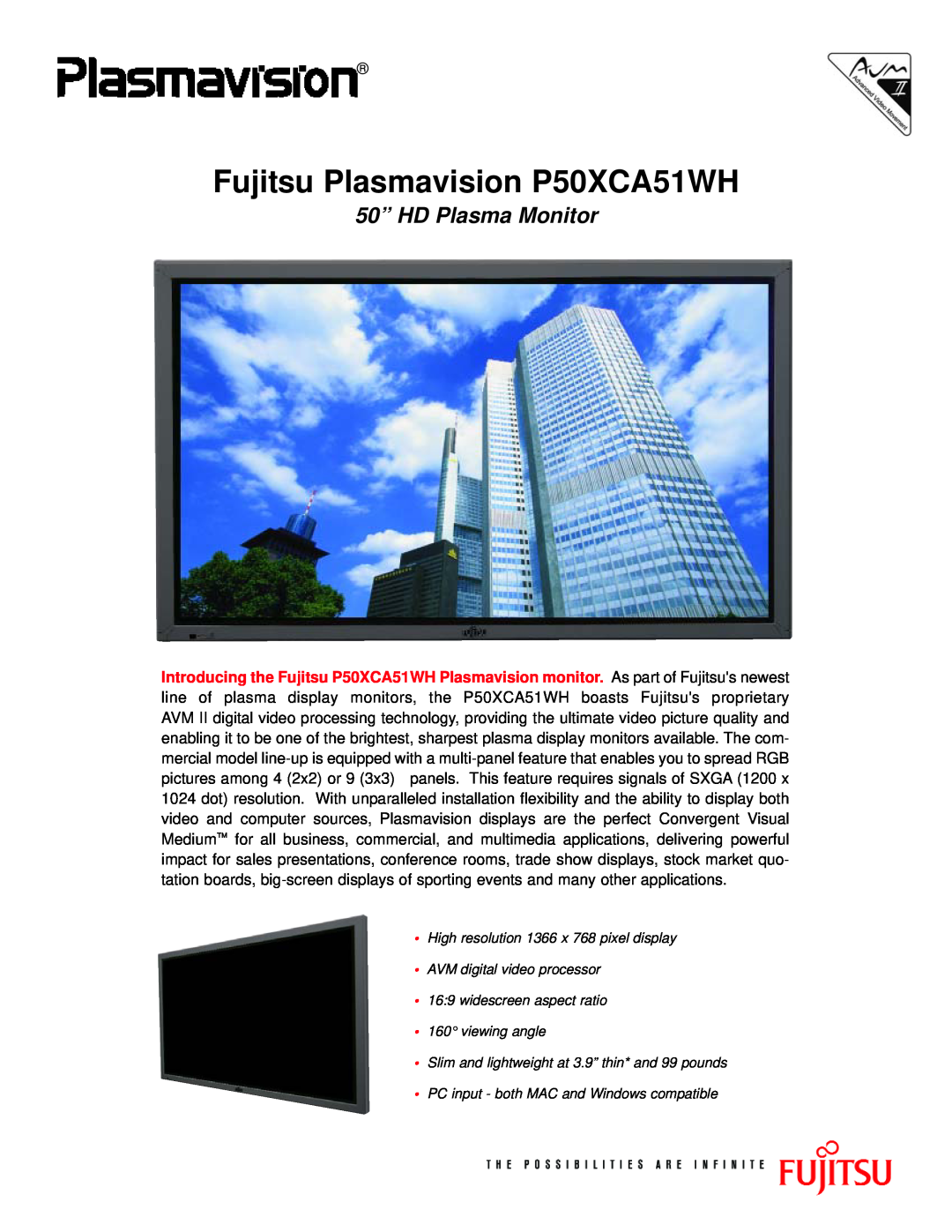 Fujitsu manual Fujitsu Plasmavision P50XCA51WH, 50” HD Plasma Monitor 