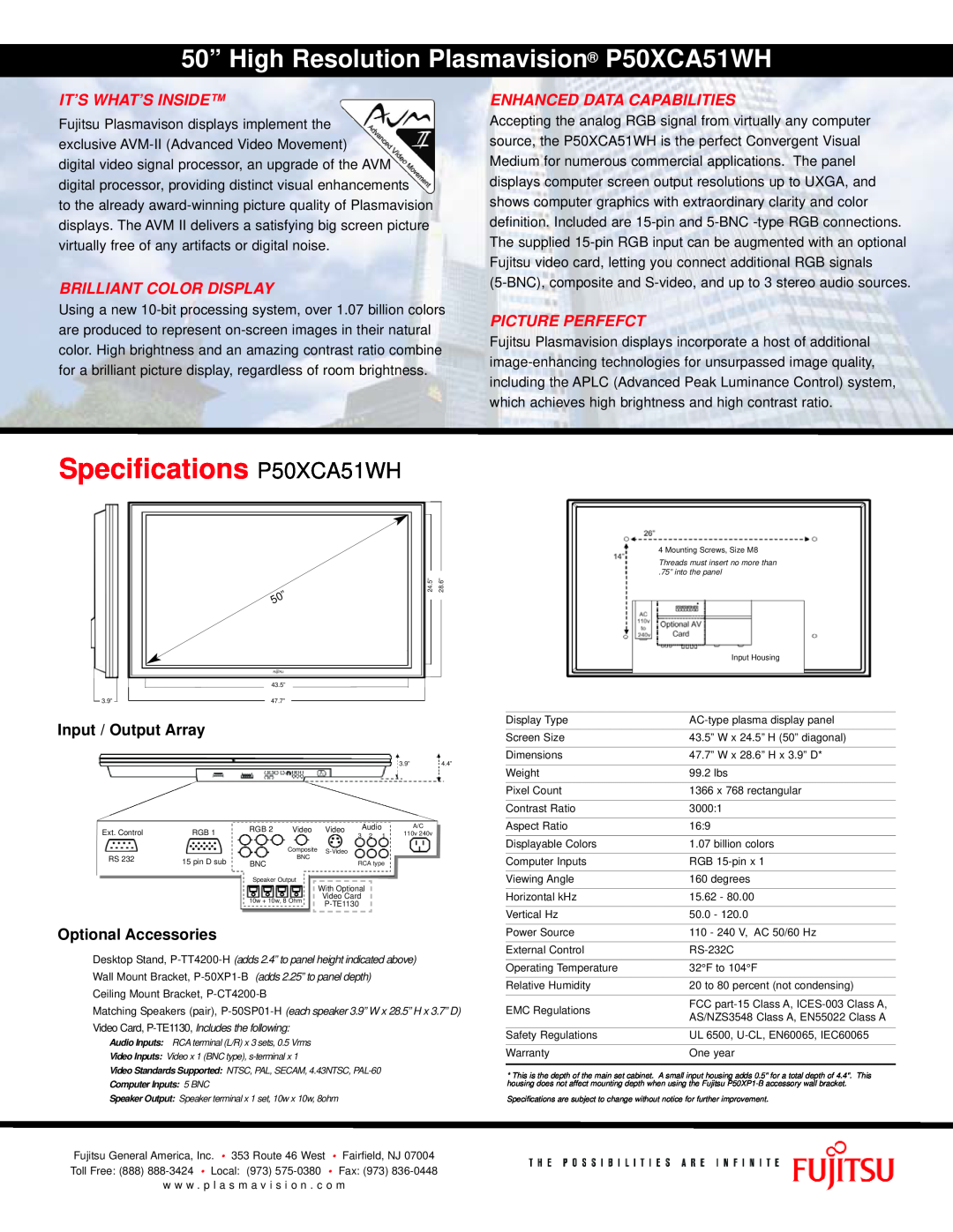 Fujitsu Specifications P50XCA51WH, 50” High Resolution Plasmavision P50XCA51WH, It’S What’S Inside, Picture Perfefct 