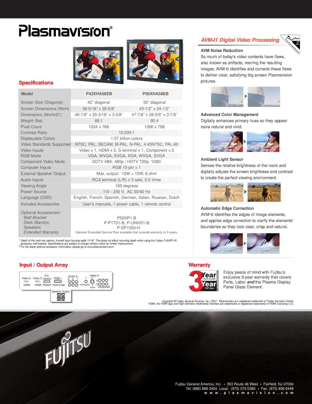 Fujitsu P42XHA58EB specifications Specifications, AVM-II Digital Video Processing, Input / Output Array, Warranty, Model 