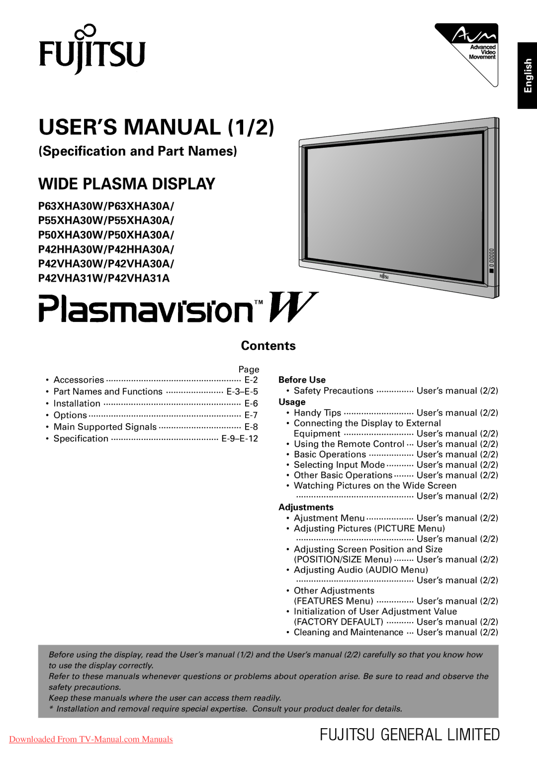 Fujitsu P50XHA30A, P63XHA30W, P42VHA31W, P50XHA30W, P42VHA30W, P42HHA30W, P42VHA30A, P55XHA30W manual USER’S Manual 1/2 