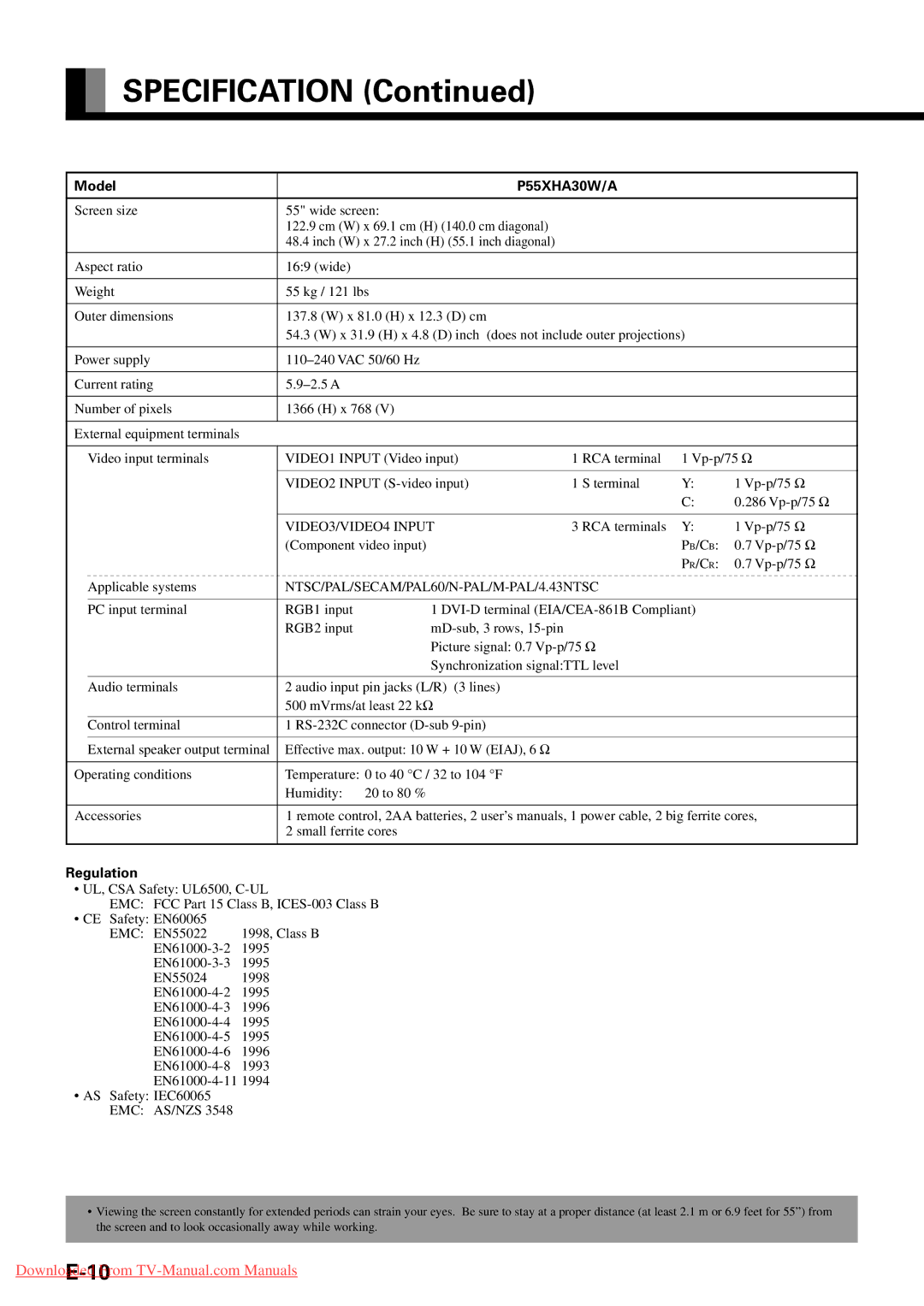 Fujitsu P42VHA31A, P63XHA30W, P50XHA30A, P42VHA31W, P50XHA30W, P42VHA30W, P42HHA30W, P42VHA30A, P55XHA30W, P63XHA30A Specification 