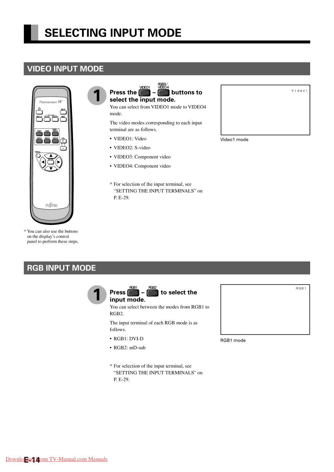 Fujitsu P42VHA31W manual Selecting Input Mode, Video Input Mode, RGB Input Mode, Press the buttons to select the input mode 