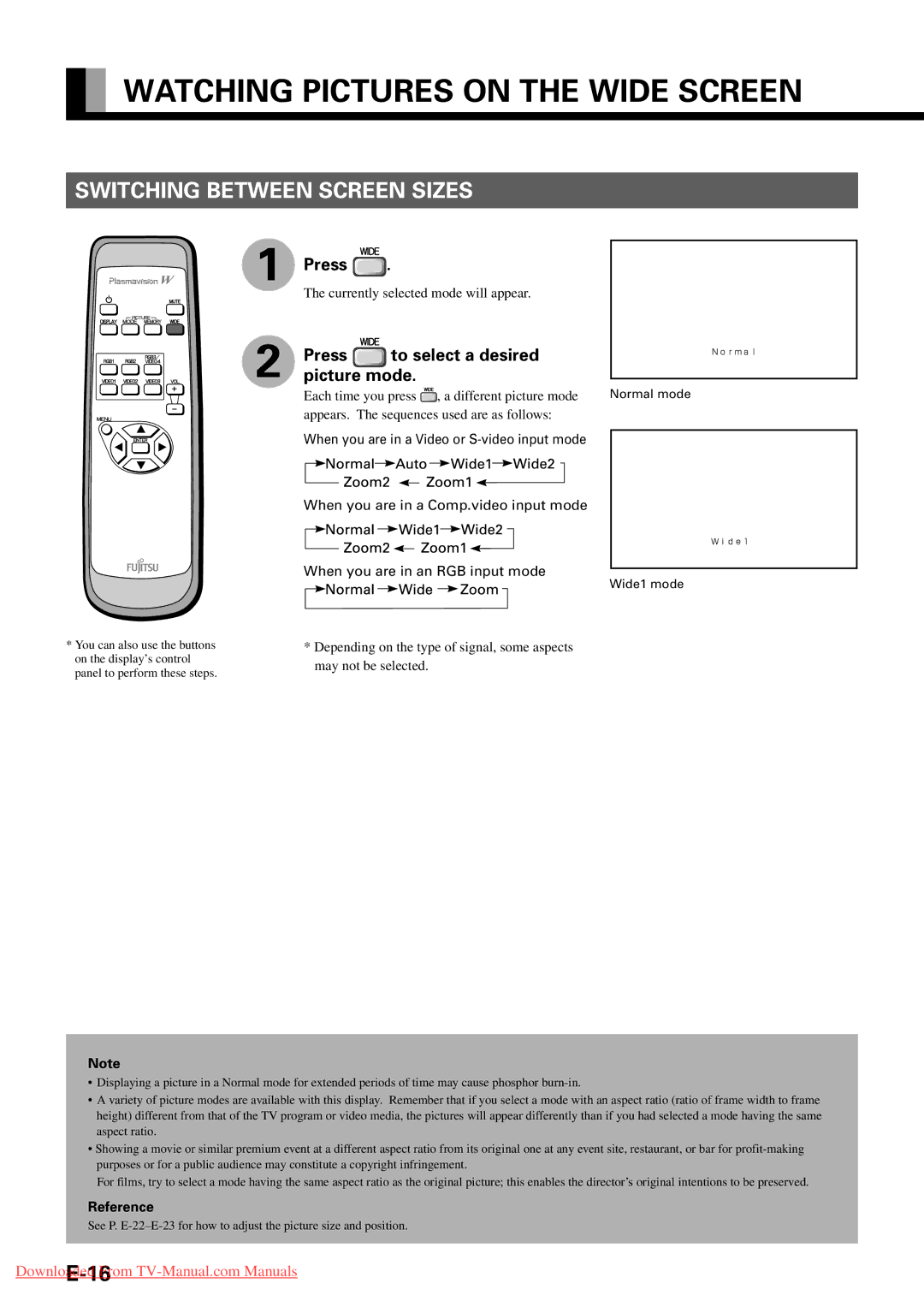 Fujitsu P42VHA30W Watching Pictures on the Wide Screen, Switching Between Screen Sizes, Press, Normal mode Wide1 mode 