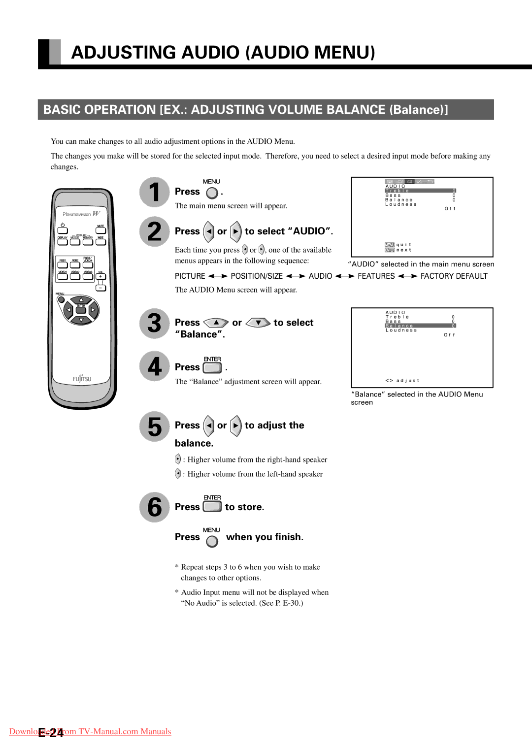 Fujitsu P63XHA30W, P50XHA30A, P42VHA31W Adjusting Audio Audio Menu, Press or to select Audio, Press or to select Balance 