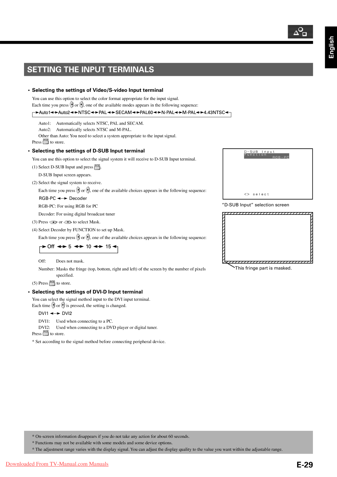 Fujitsu P42HHA30W, P63XHA30W, P50XHA30A Setting the Input Terminals, Selecting the settings of Video/S-video Input terminal 