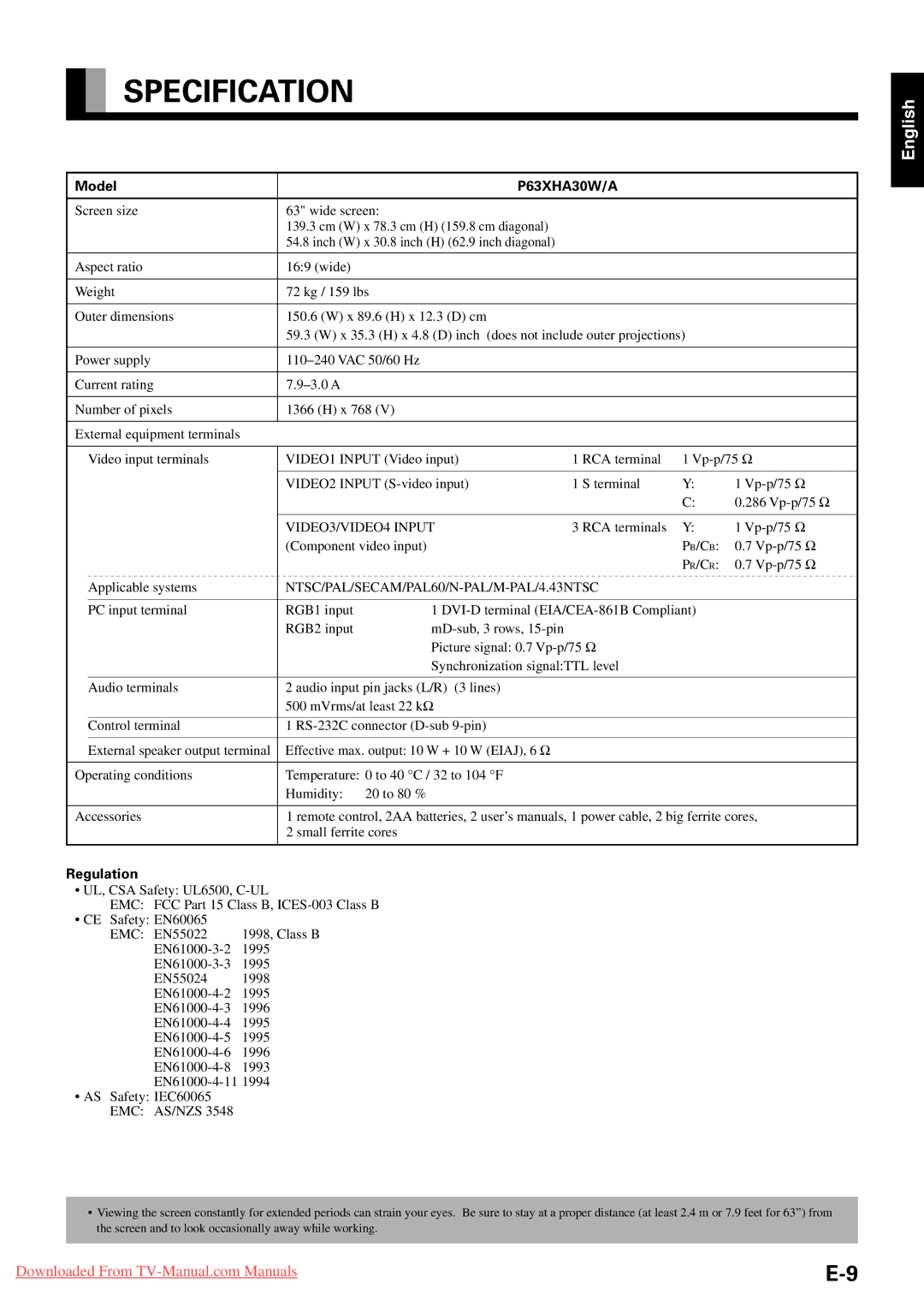 Fujitsu P55XHA30A, P63XHA30W, P50XHA30A, P42VHA31W, P50XHA30W, P42VHA30W, P42HHA30W, P42VHA30A Specification, Model, Regulation 