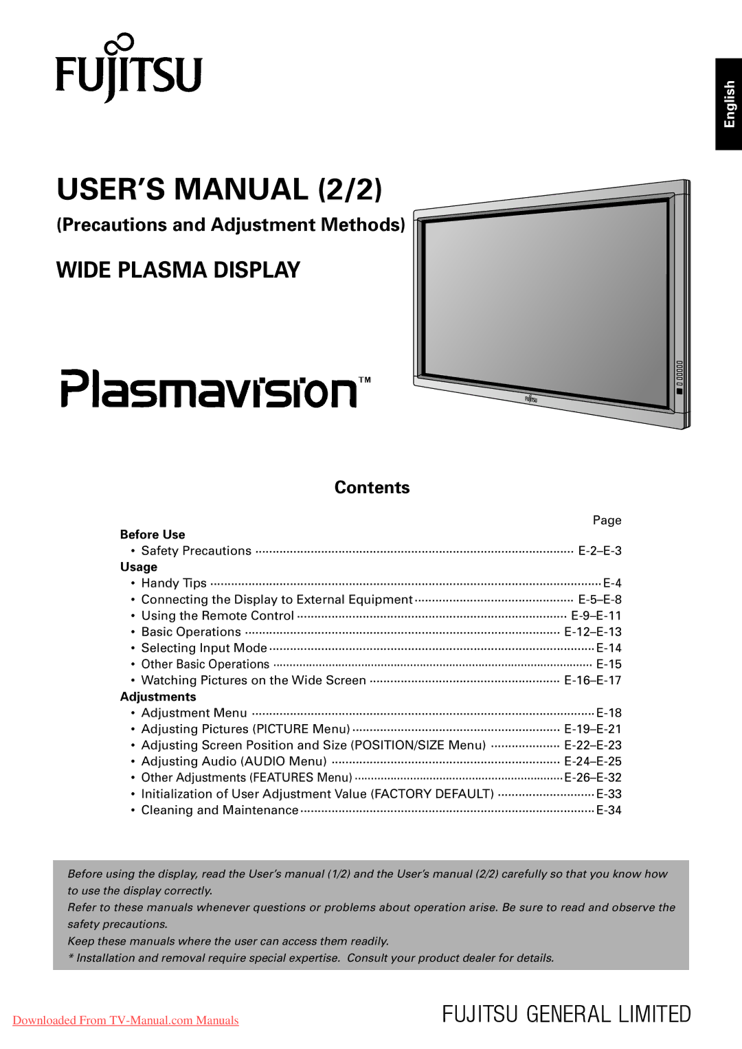 Fujitsu P50XHA30A, P63XHA30W, P42VHA31W, P50XHA30W, P42VHA30W, P42HHA30W, P42VHA30A, P55XHA30W, P63XHA30A USER’S Manual 2/2 