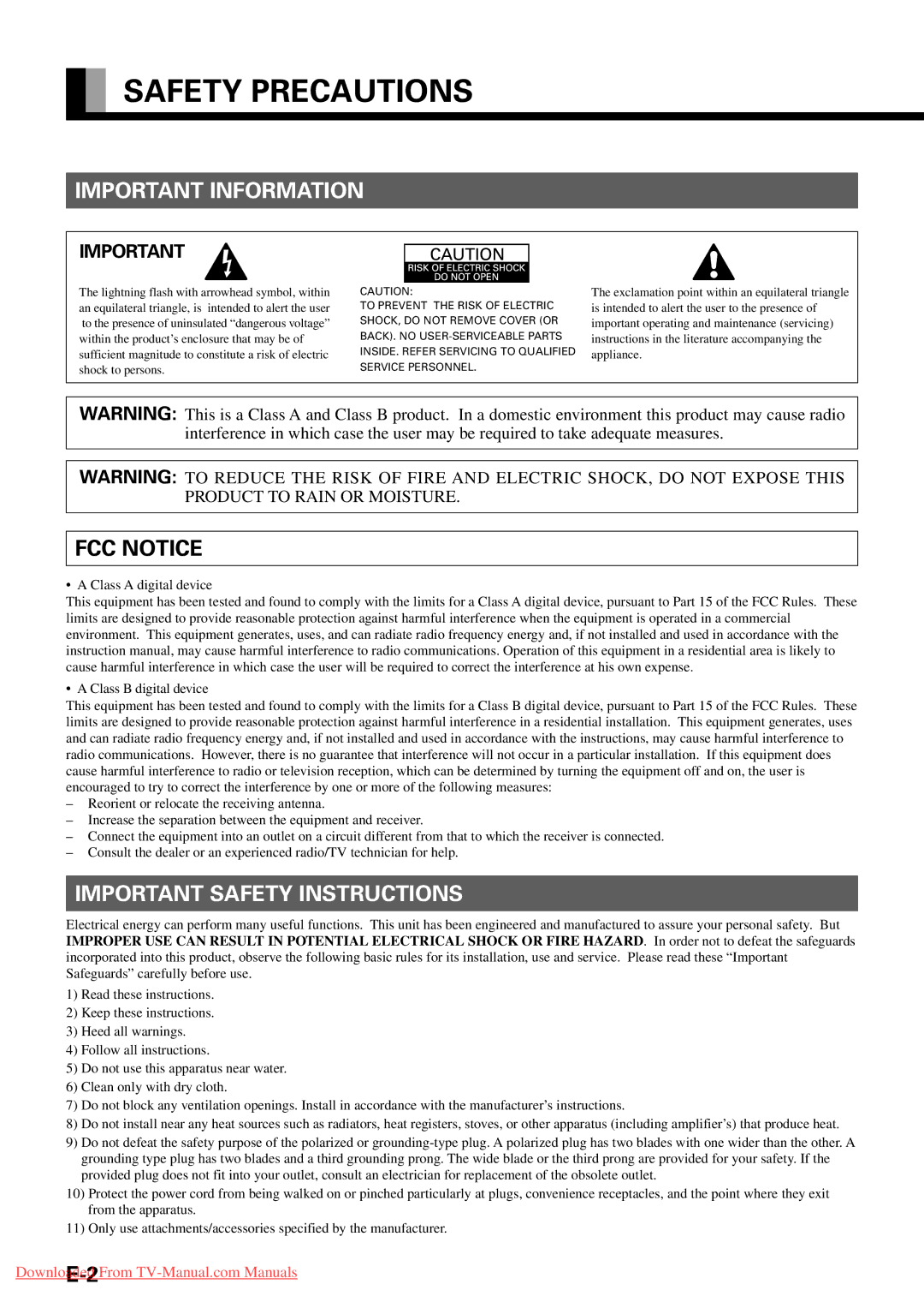 Fujitsu P42VHA31W, P63XHA30W, P50XHA30A, P50XHA30W Safety Precautions, Important Information, Important Safety Instructions 