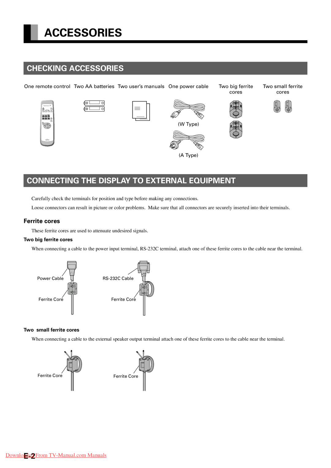 Fujitsu P42VHA31W, P63XHA30W Checking Accessories, Connecting the Display to External Equipment, Ferrite cores 