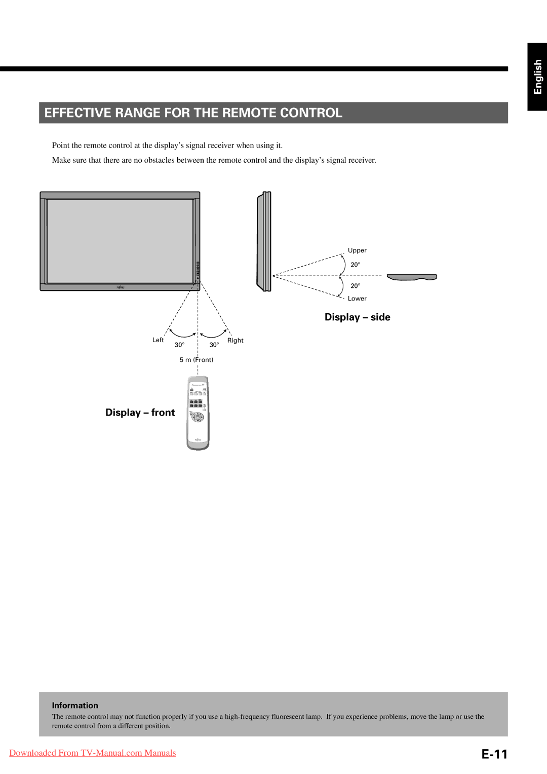 Fujitsu P42HHA30A, P63XHA30W, P50XHA30A, P42VHA31W Effective Range for the Remote Control, Display side, Display front 