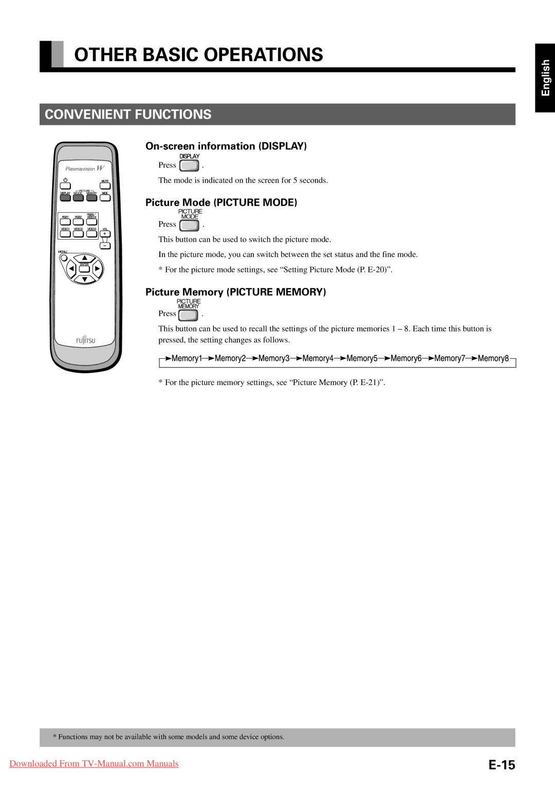 Fujitsu P50XHA30W Other Basic Operations, Convenient Functions, On-screen information Display, Picture Mode Picture Mode 