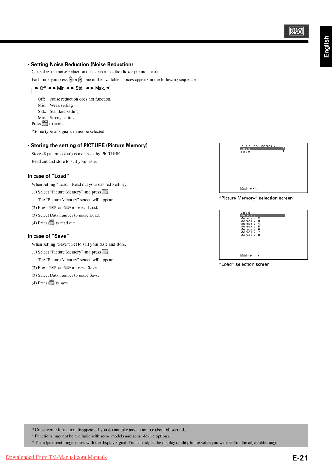 Fujitsu P55XHA30A Setting Noise Reduction Noise Reduction, Storing the setting of Picture Picture Memory, Case of Load 