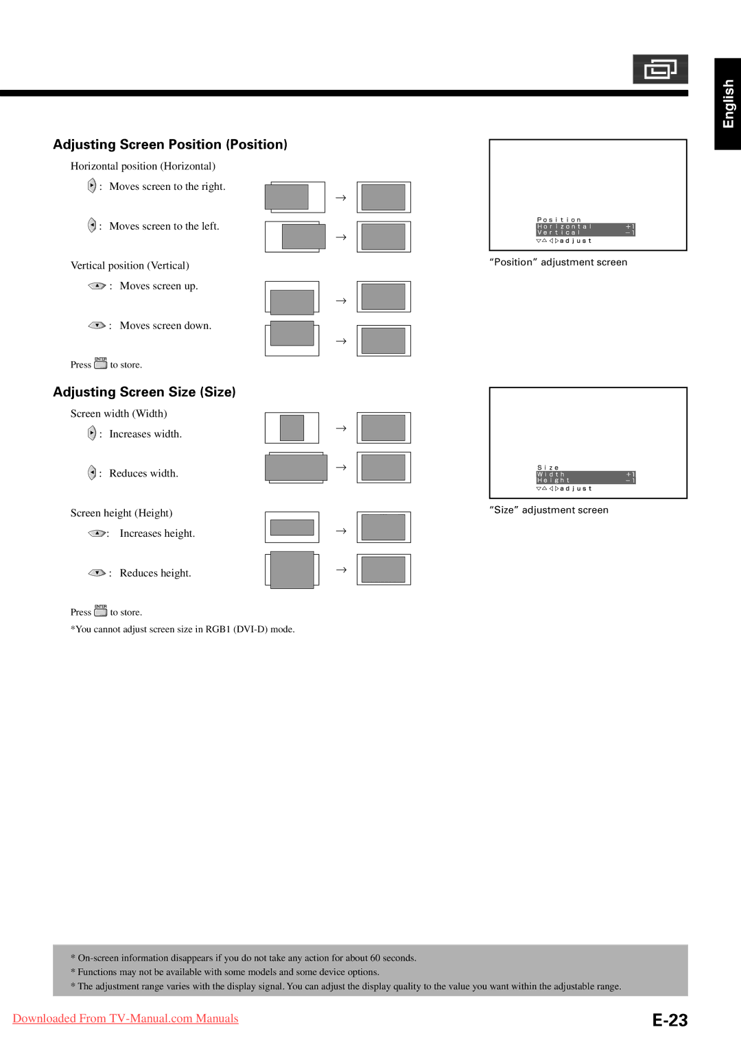 Fujitsu P42HHA30A, P63XHA30W, P50XHA30A, P42VHA31W, P50XHA30W Adjusting Screen Position Position, Adjusting Screen Size Size 