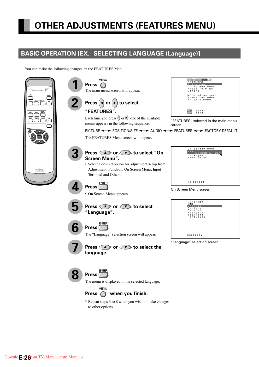 Fujitsu P42VHA31W Other Adjustments Features Menu, Press or to select Features, Press or to select On Screen Menu 