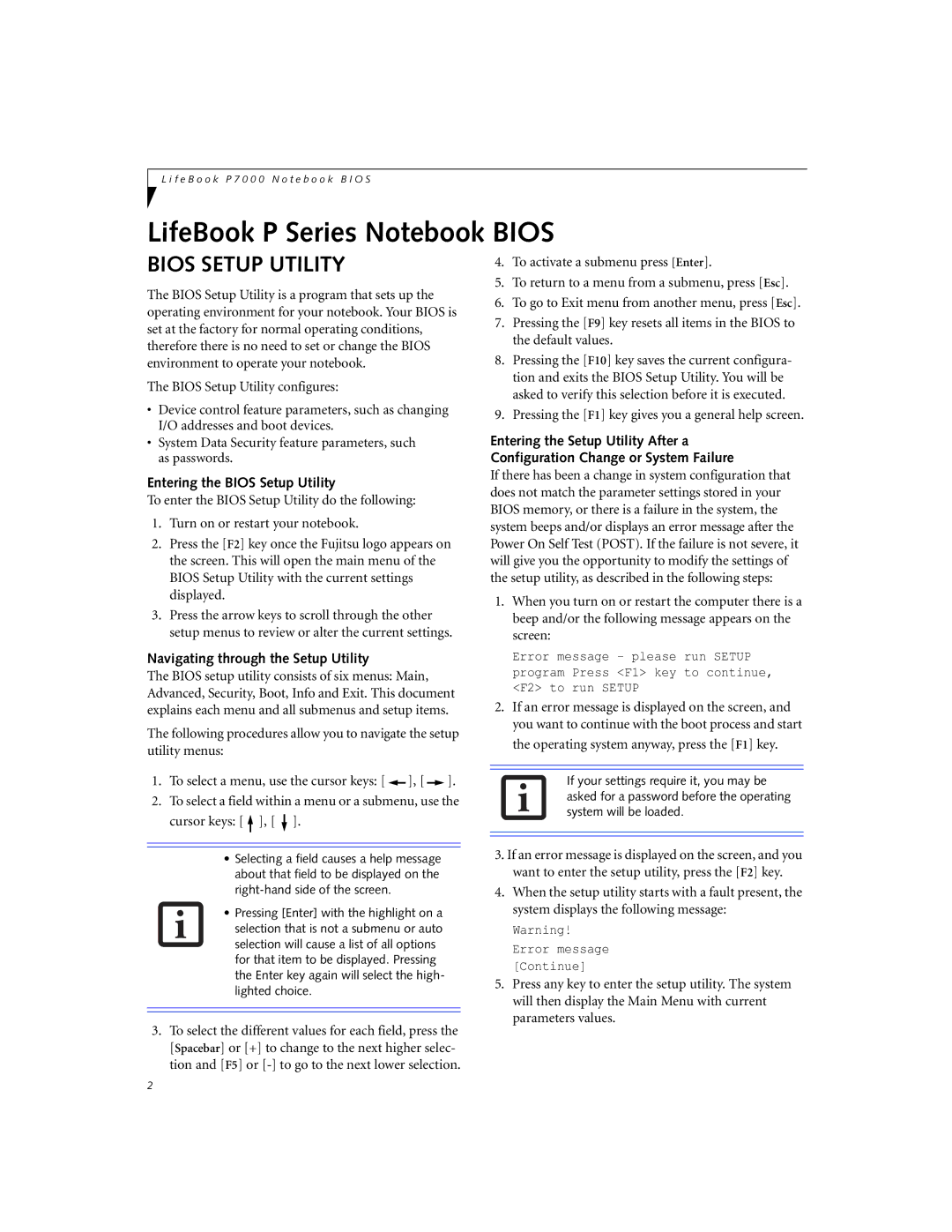 Fujitsu P7010D manual Entering the Bios Setup Utility, Navigating through the Setup Utility 
