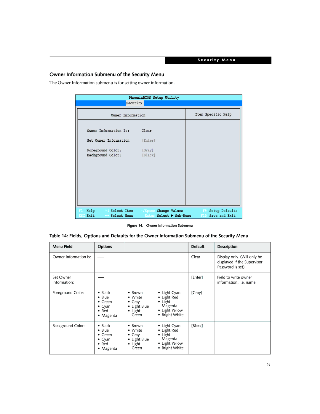 Fujitsu P7010 Owner Information Submenu of the Security Menu, Owner Information submenu is for setting owner information 