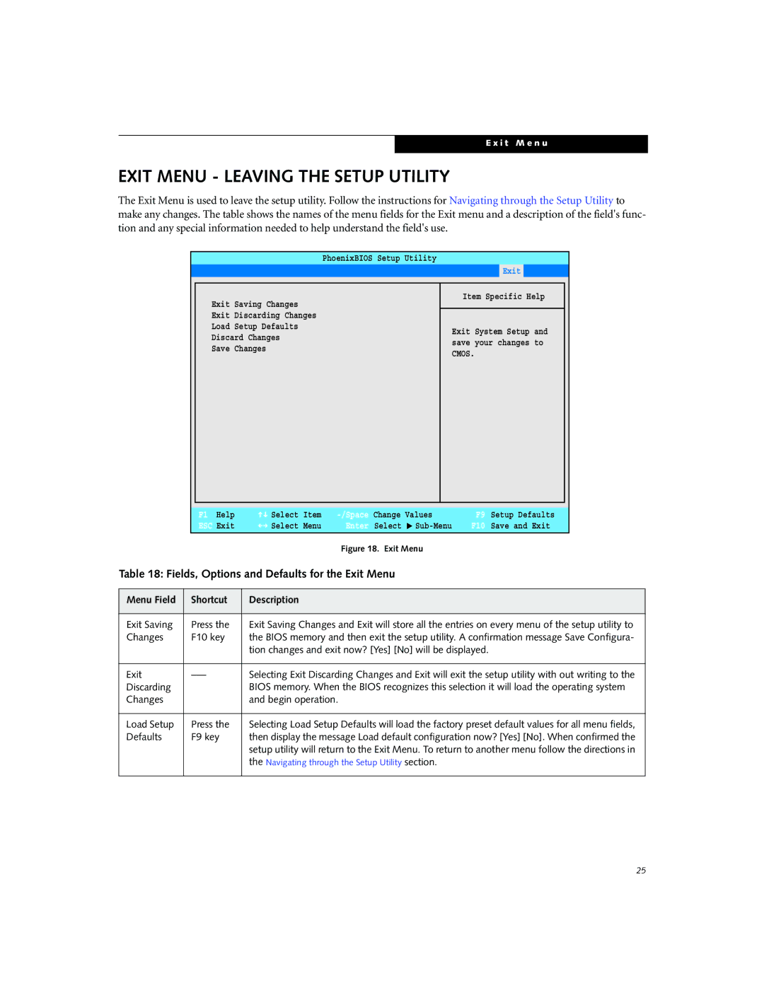 Fujitsu P7010D manual Exit Menu Leaving the Setup Utility, Fields, Options and Defaults for the Exit Menu 