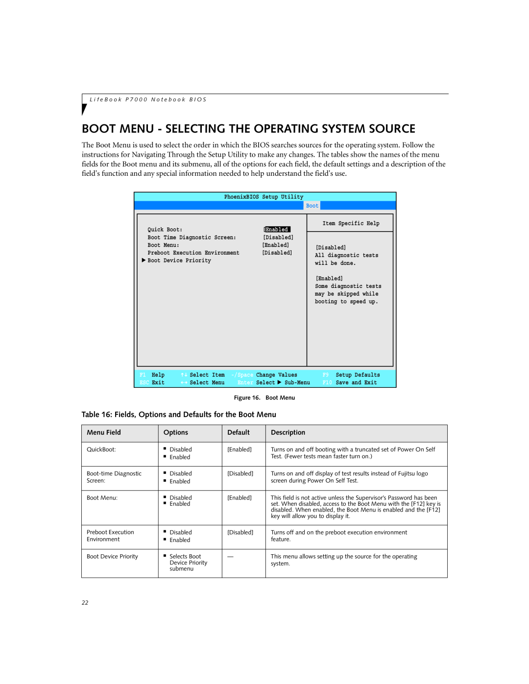Fujitsu P7120D Boot Menu - Selecting The Operating System Source, Fields, Options and Defaults for the Boot Menu, Main 