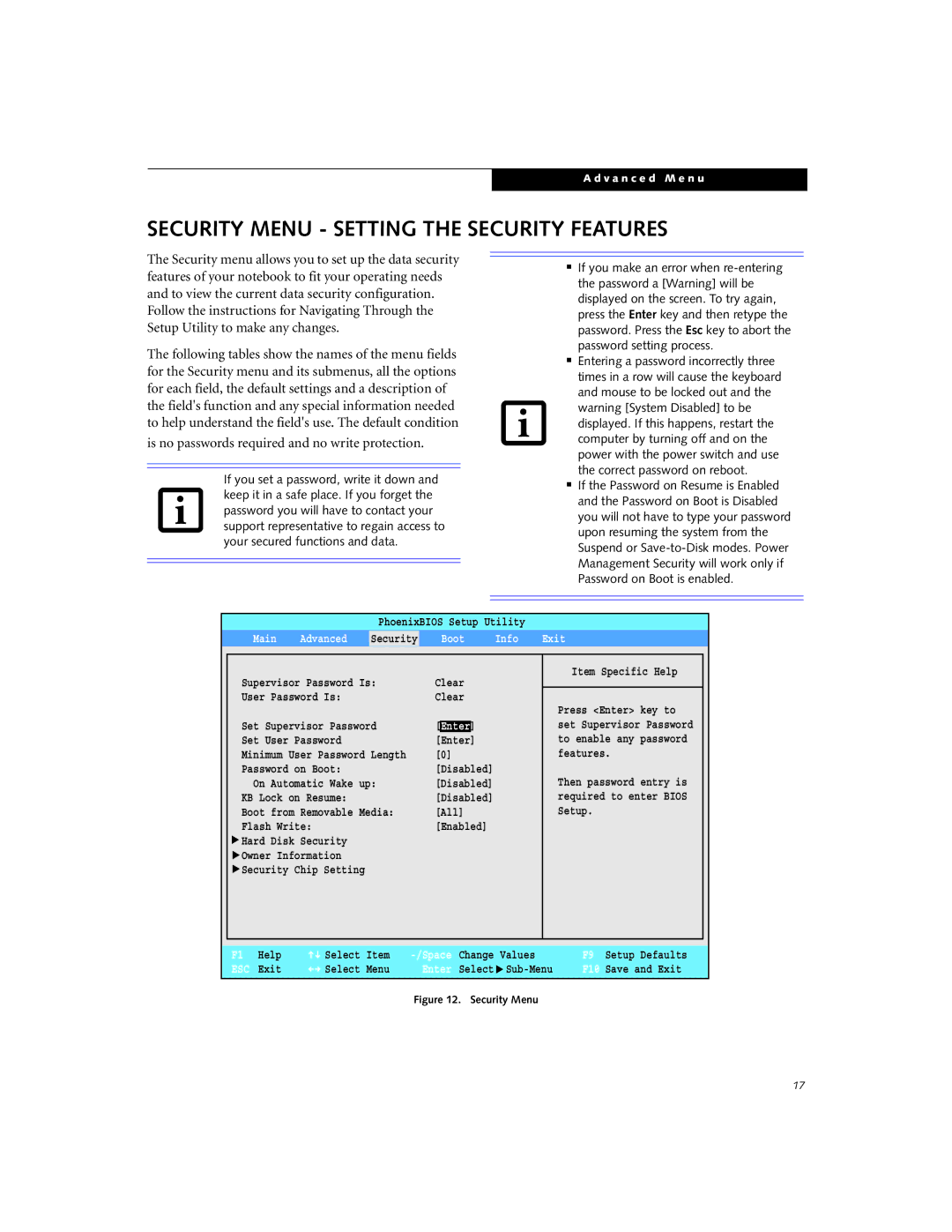 Fujitsu P7120D manual Security Menu Setting the Security Features, Main Advanced, Boot Info Exit 