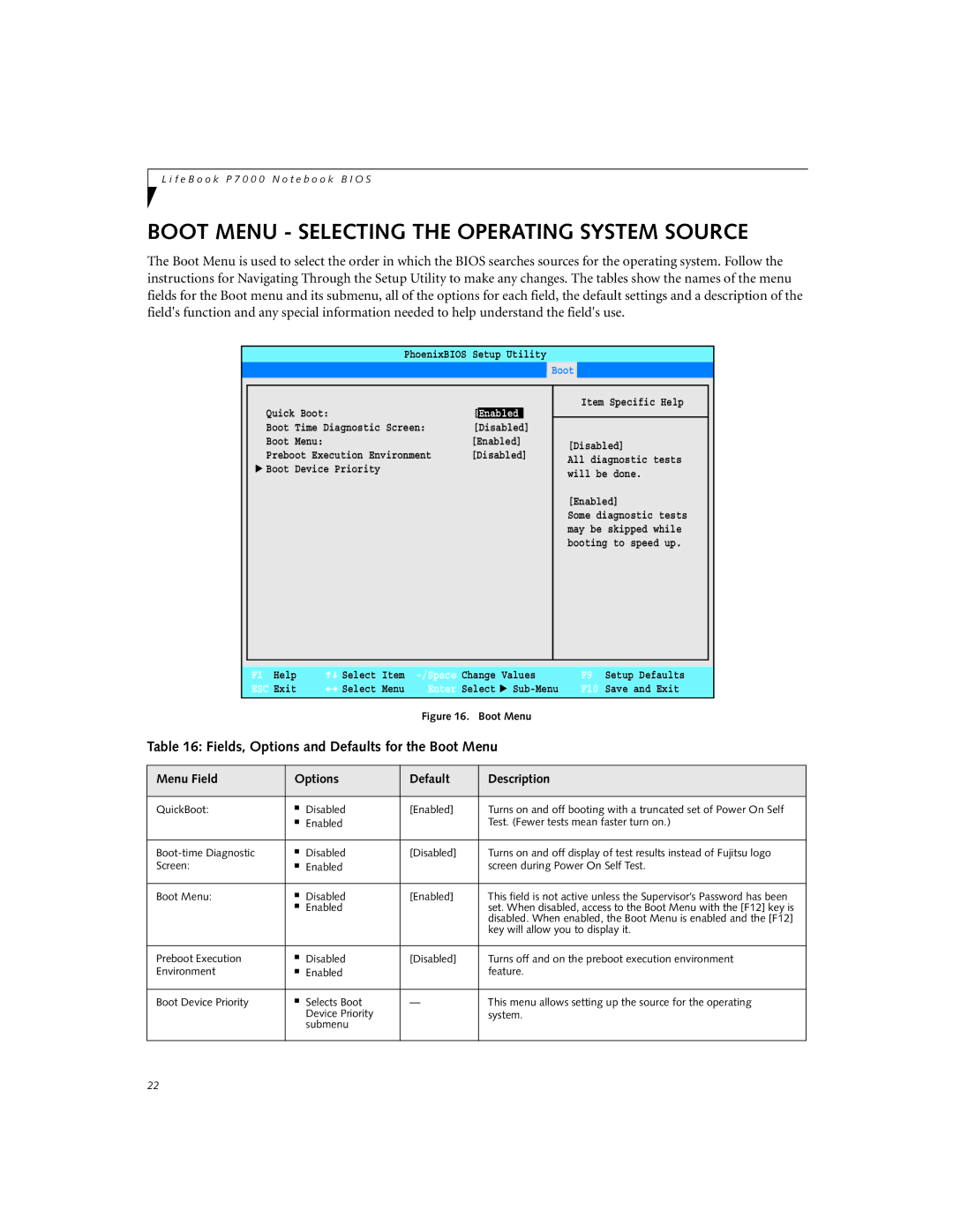 Fujitsu P7120D manual Boot Menu Selecting the Operating System Source, Fields, Options and Defaults for the Boot Menu 