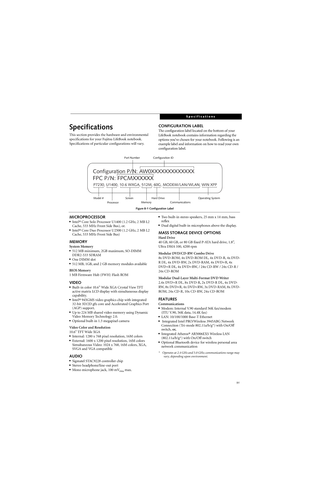 Fujitsu P7230 manual Specifications 