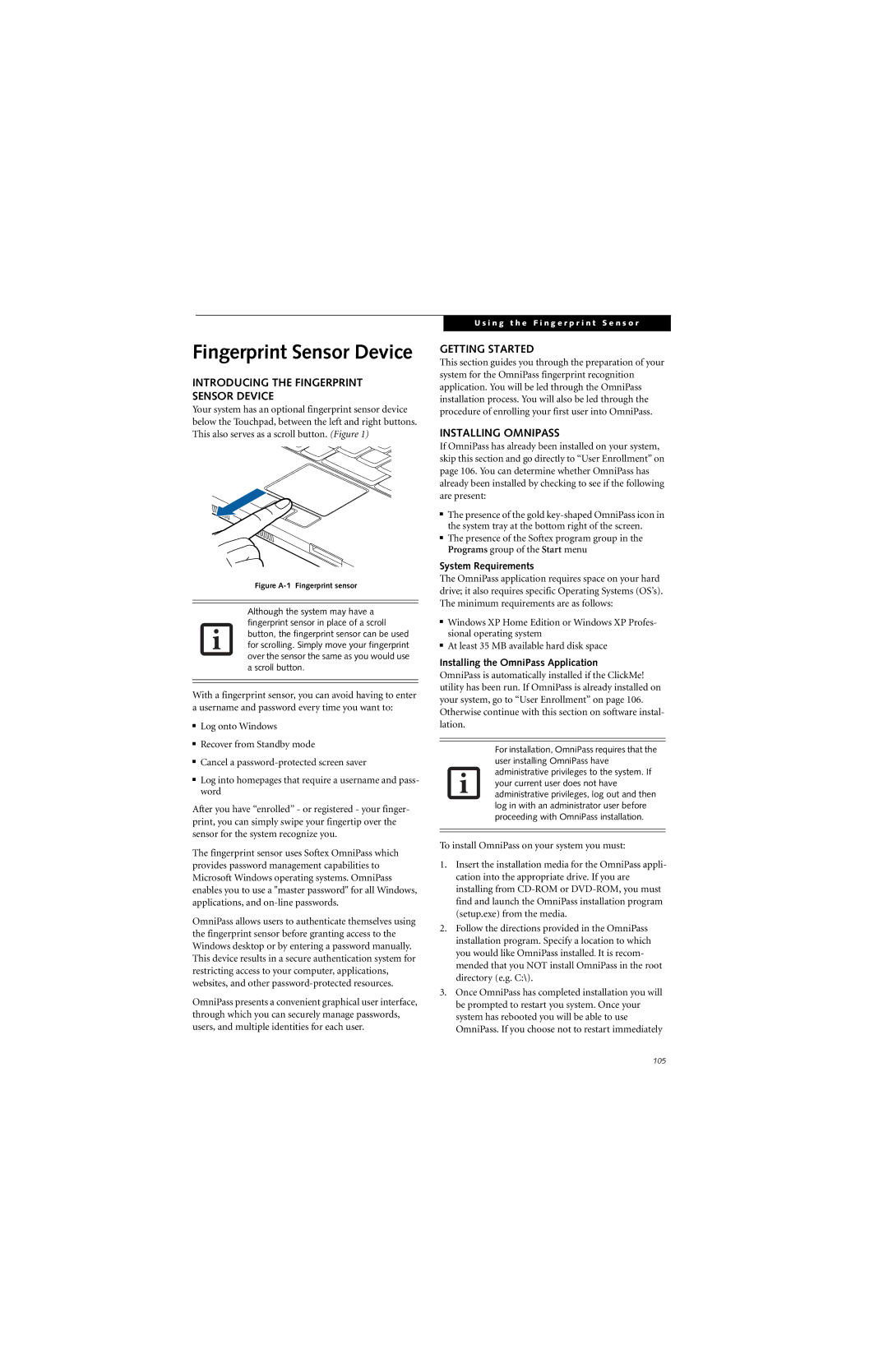 Fujitsu P7230 manual Introducing the Fingerprint Sensor Device, Getting Started, Installing Omnipass, System Requirements 