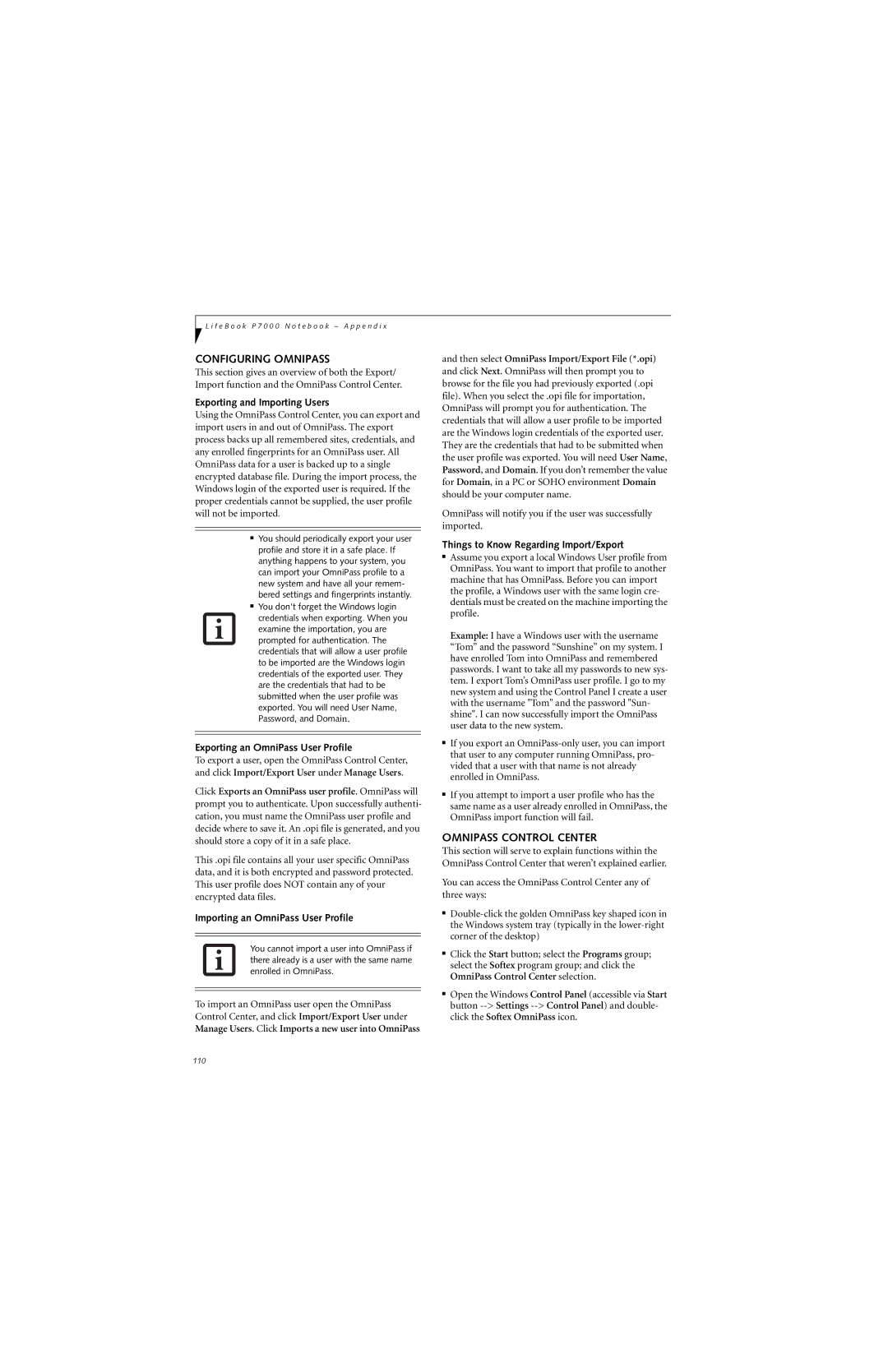 Fujitsu P7230 manual Configuring Omnipass, Omnipass Control Center 