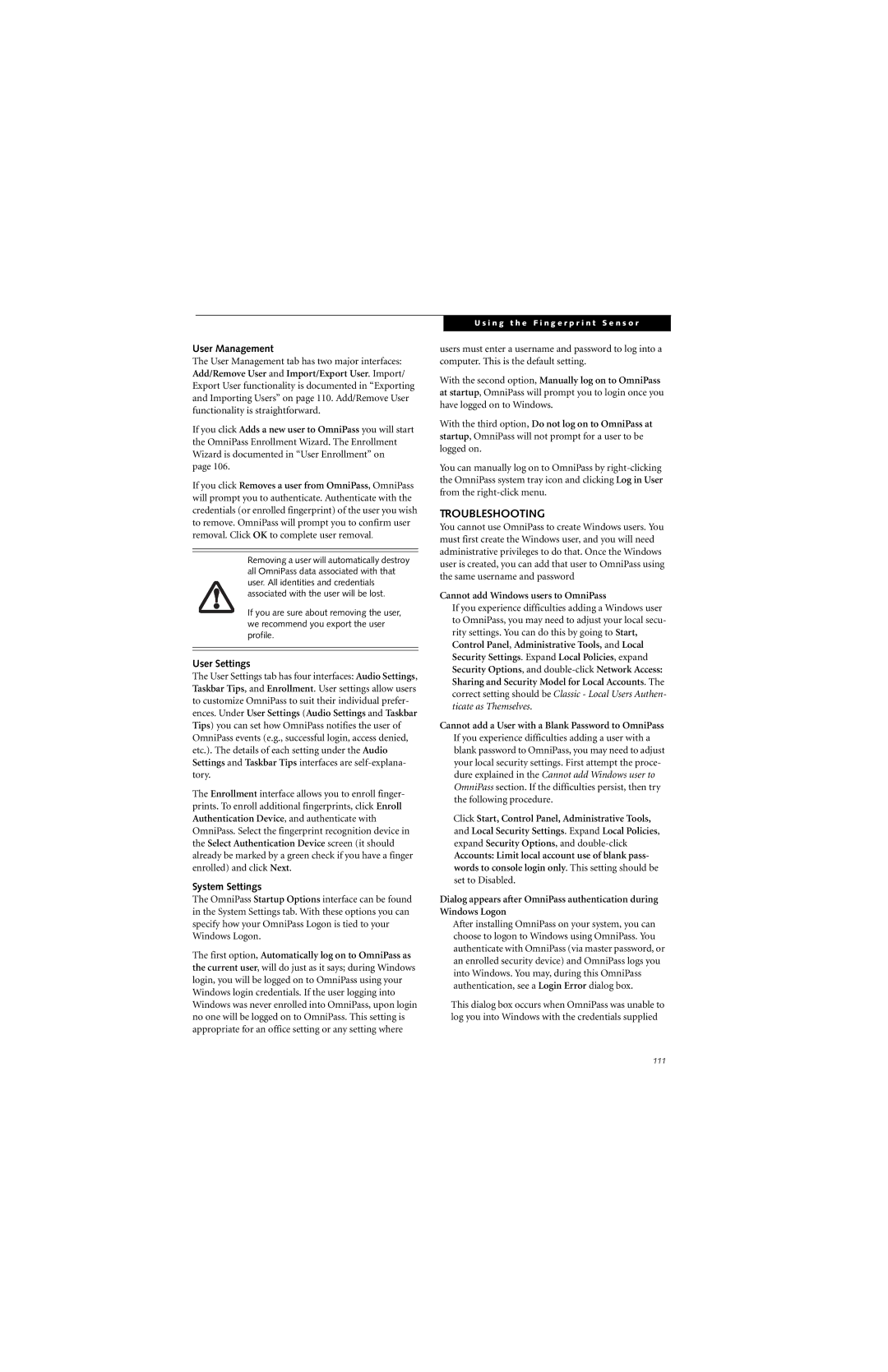 Fujitsu P7230 manual Troubleshooting, User Management, User Settings, System Settings 