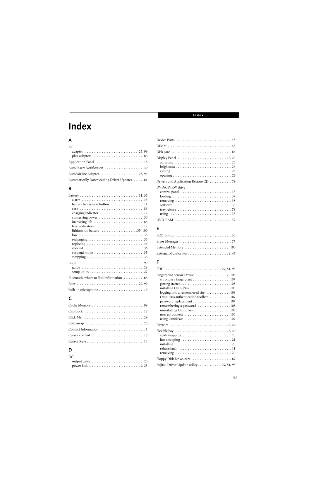 Fujitsu P7230 manual Index 