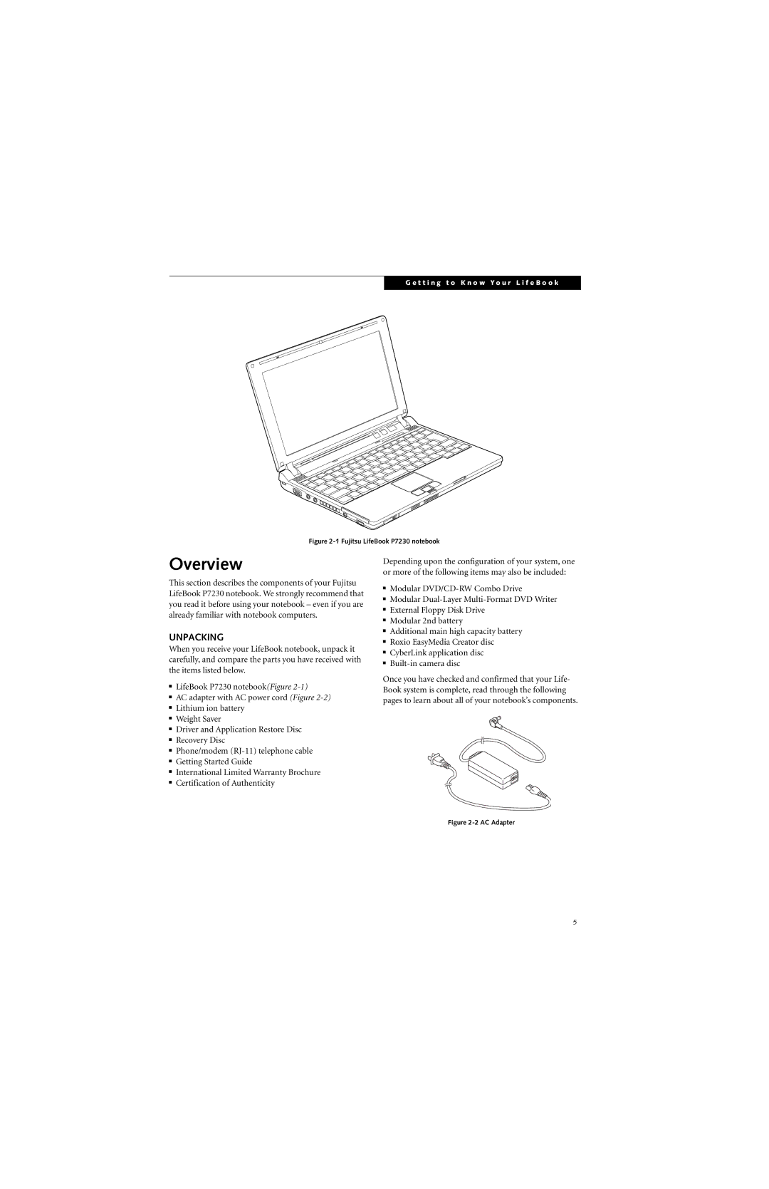 Fujitsu P7230 manual Overview, Unpacking 