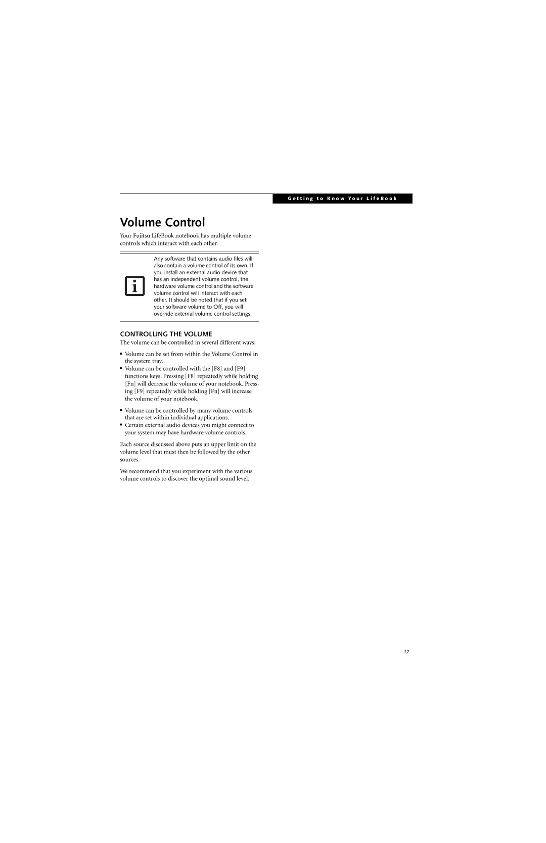 Fujitsu P7230 manual Volume Control, Controlling the Volume 