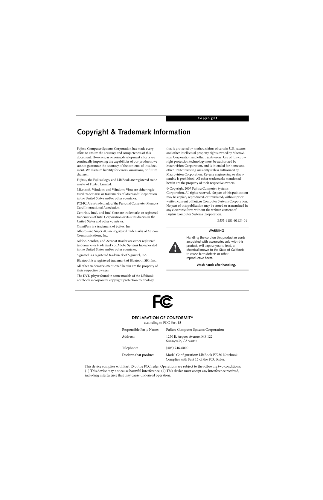 Fujitsu P7230 manual Copyright & Trademark Information, Declaration of Conformity 