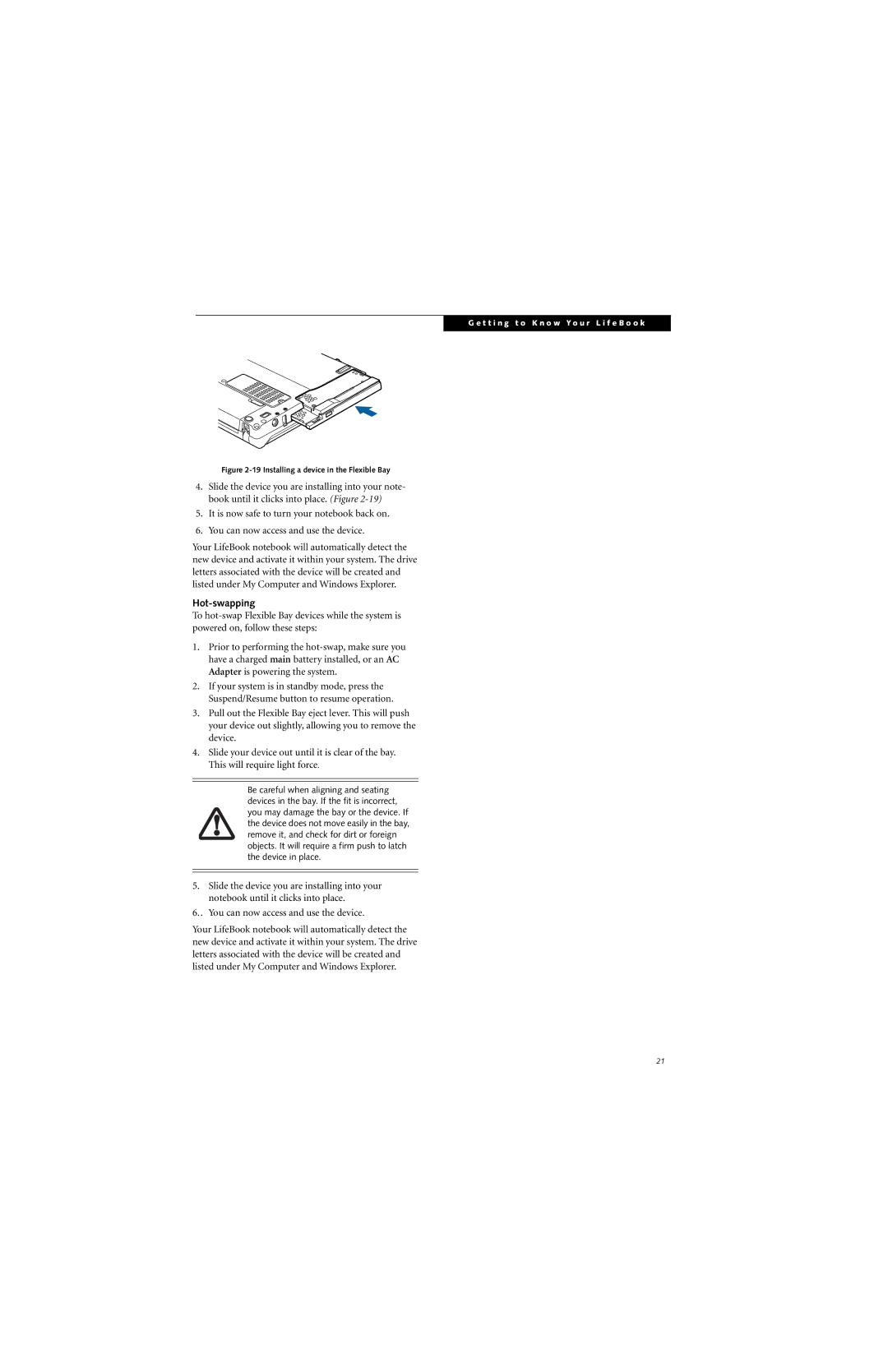 Fujitsu P7230 manual Hot-swapping, Installing a device in the Flexible Bay 