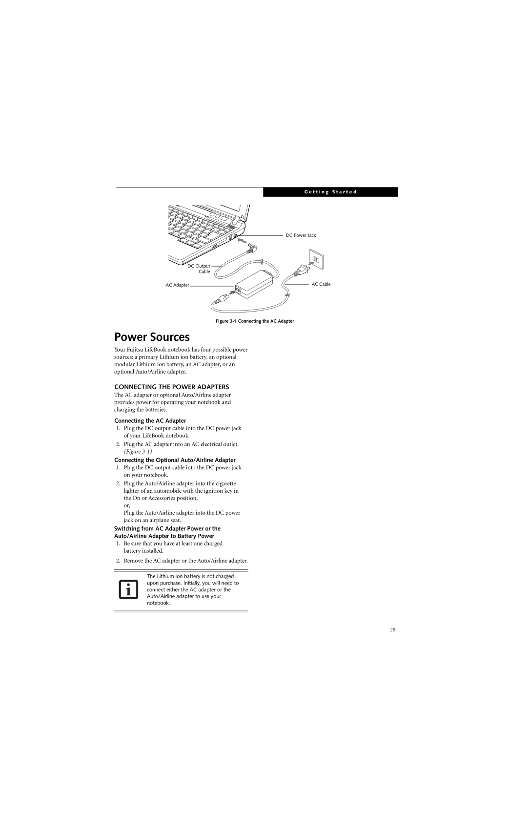 Fujitsu P7230 manual Power Sources, Connecting the Power Adapters, Connecting the AC Adapter 