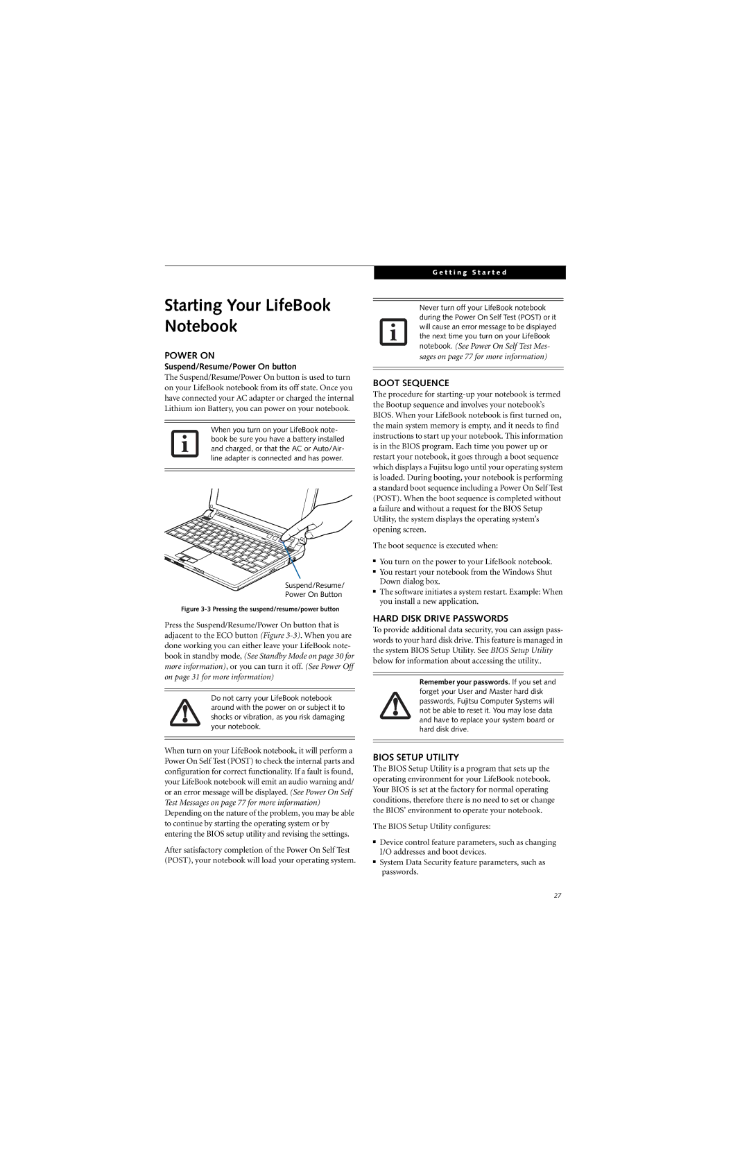 Fujitsu P7230 Starting Your LifeBook Notebook, Power on, Boot Sequence, Hard Disk Drive Passwords, Bios Setup Utility 