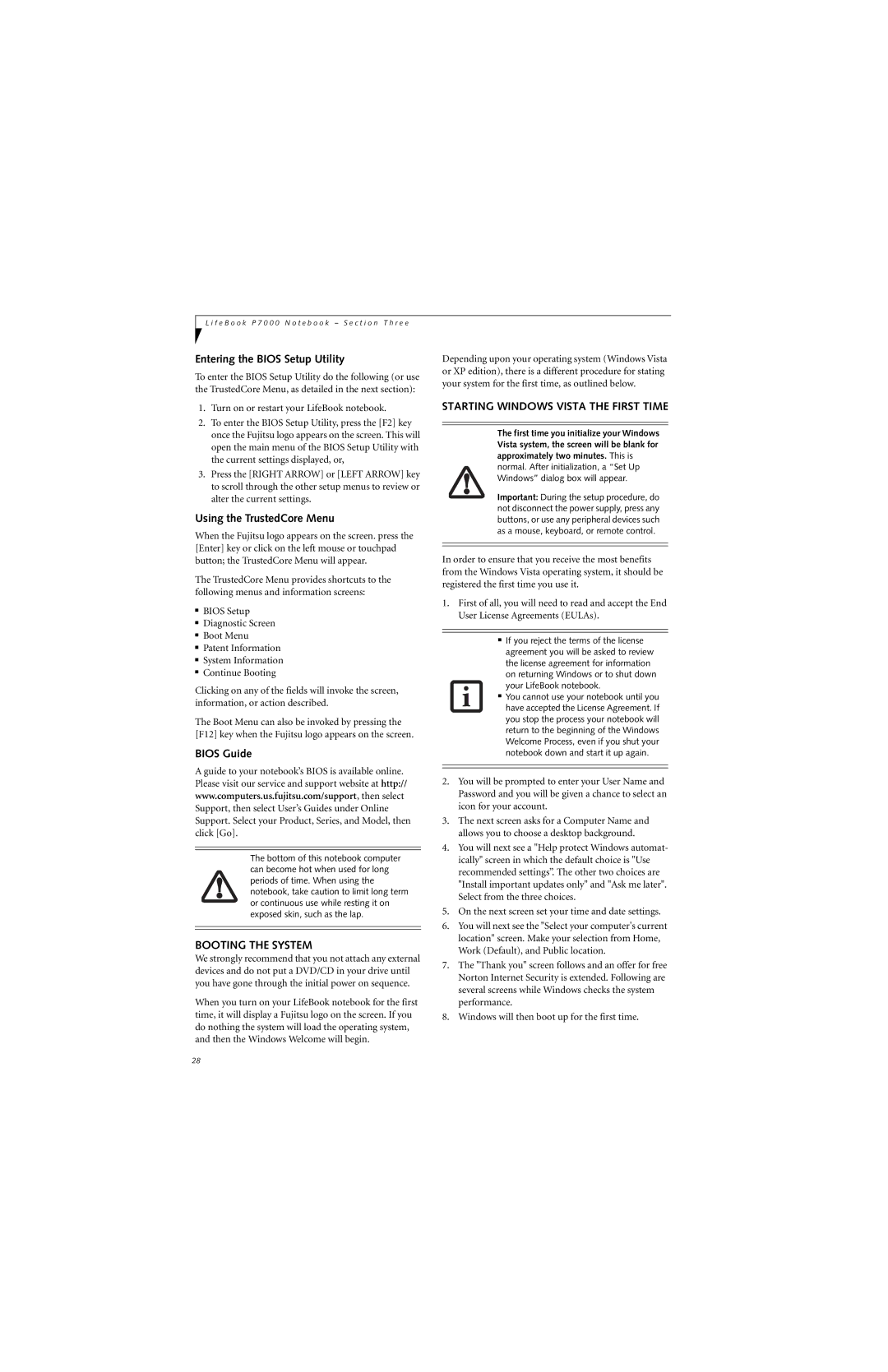 Fujitsu P7230 manual Booting the System, Starting Windows Vista the First Time 