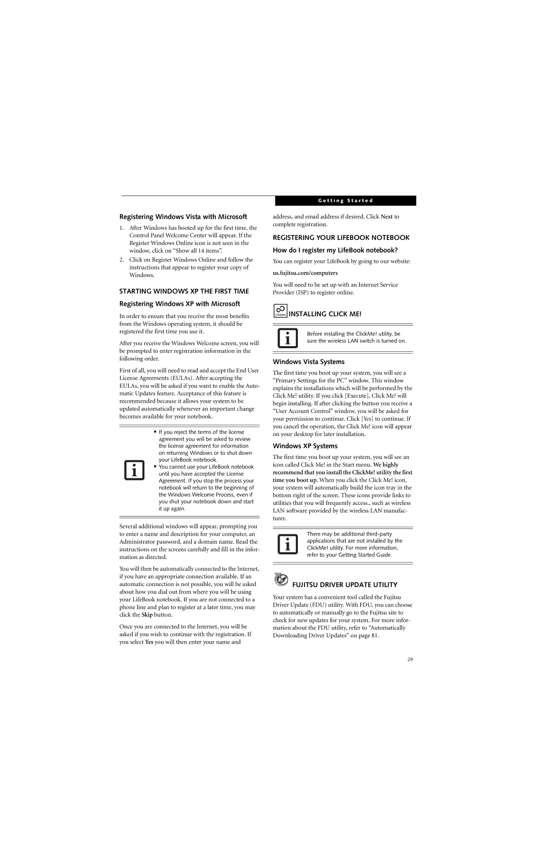 Fujitsu P7230 manual Starting Windows XP the First Time, Registering Your Lifebook Notebook, Fujitsu Driver Update Utility 