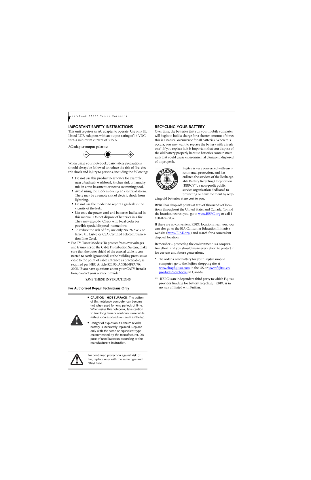 Fujitsu P7230 manual Important Safety Instructions, Recycling Your Battery, AC adapter output polarity 