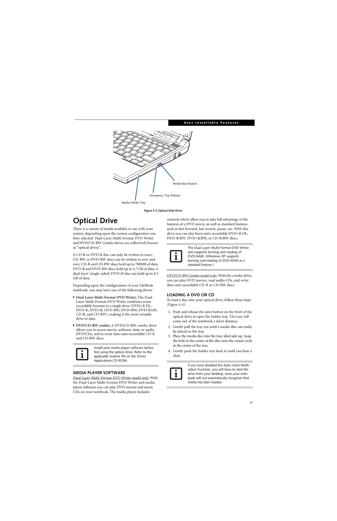 Fujitsu P7230 manual Optical Drive, Media Player Software, Loading a DVD or CD 