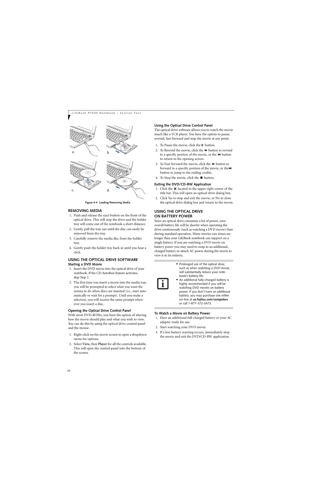 Fujitsu P7230 manual Removing Media, Using the Optical Drive Software, Using the Optical Drive On Battery Power 