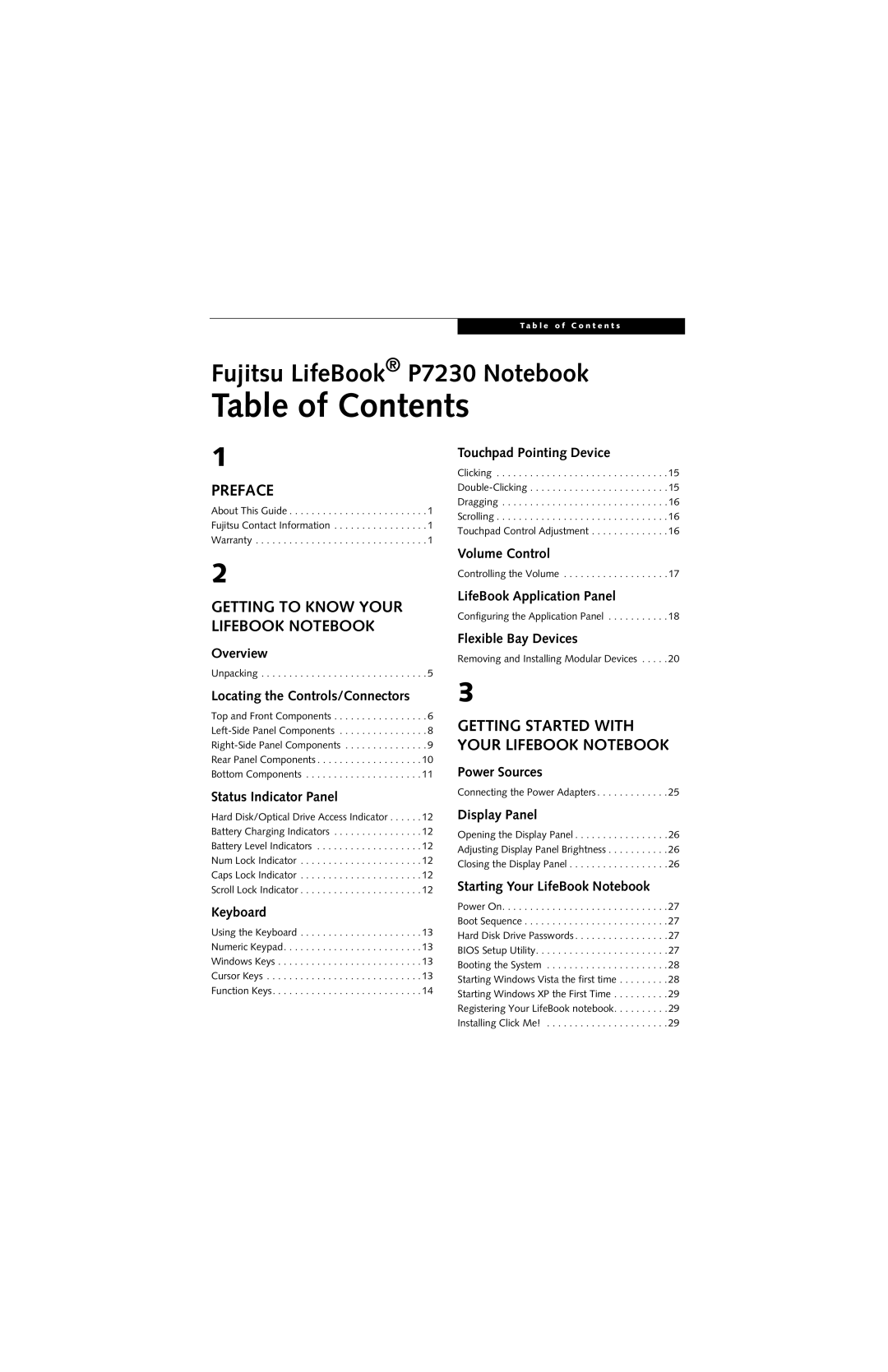 Fujitsu P7230 manual Table of Contents 