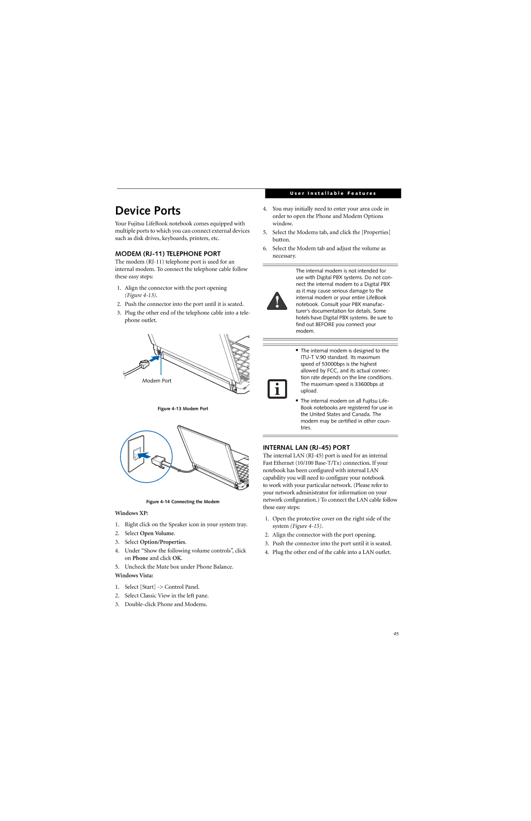 Fujitsu P7230 manual Device Ports, Modem RJ-11 Telephone Port, Internal LAN RJ-45 Port 