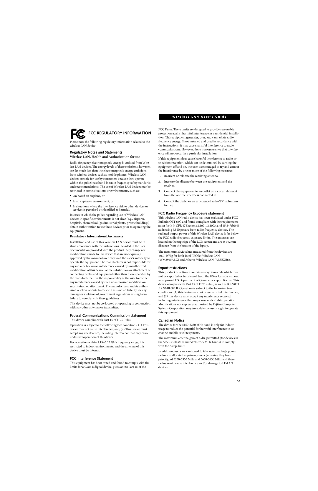 Fujitsu P7230 manual FCC Regulatory Information 