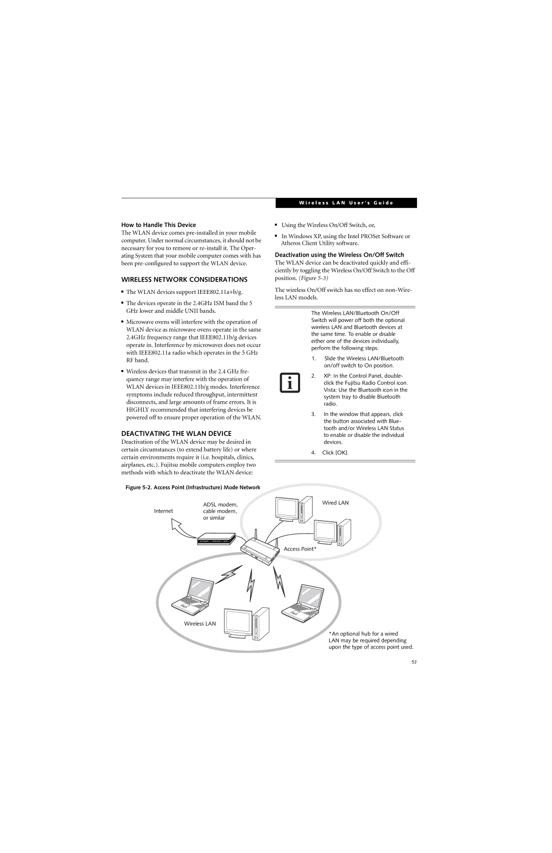 Fujitsu P7230 manual Wireless Network Considerations, Deactivating the Wlan Device, How to Handle This Device 