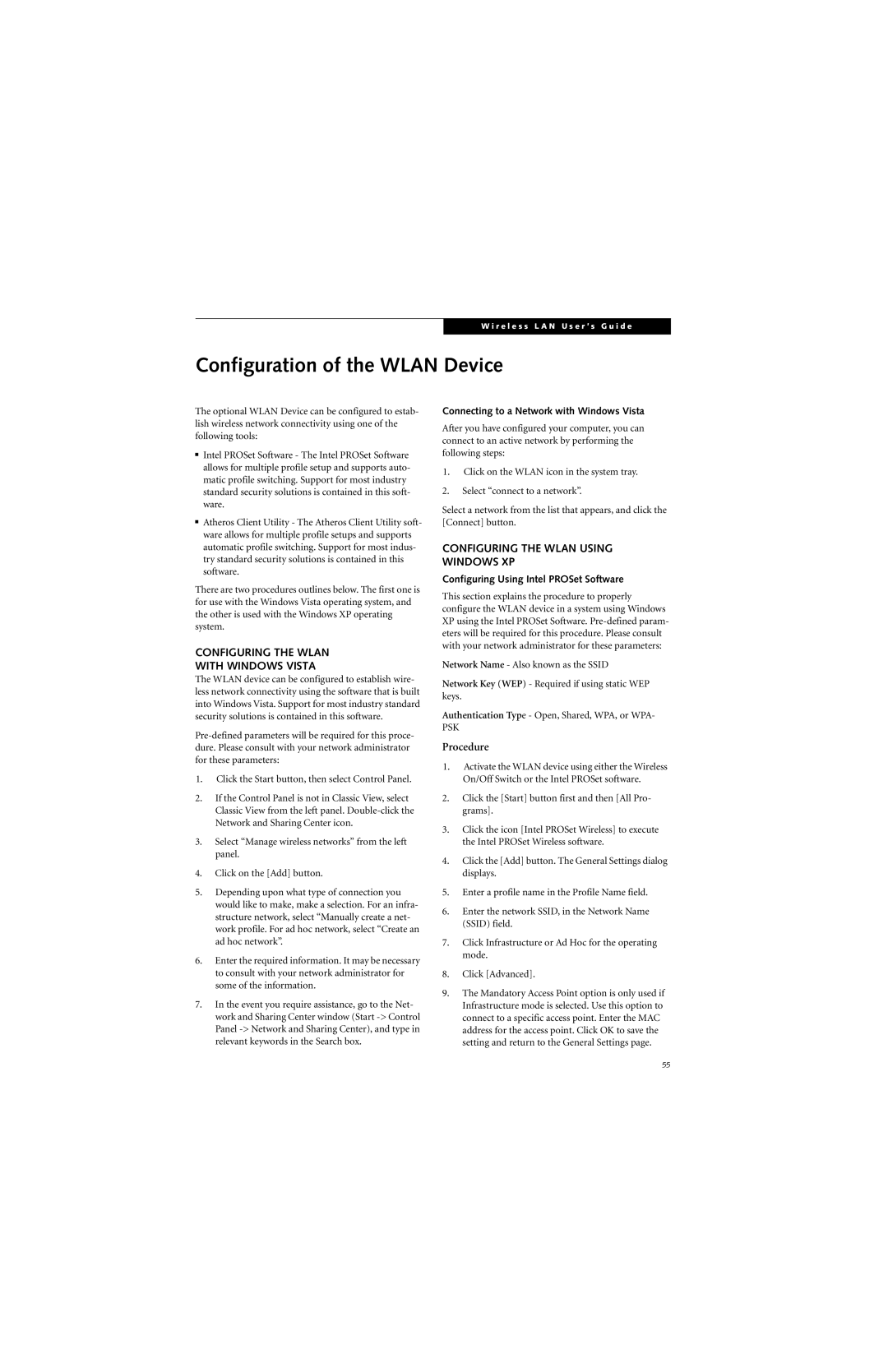 Fujitsu P7230 manual Configuration of the Wlan Device, Configuring the Wlan With Windows Vista 