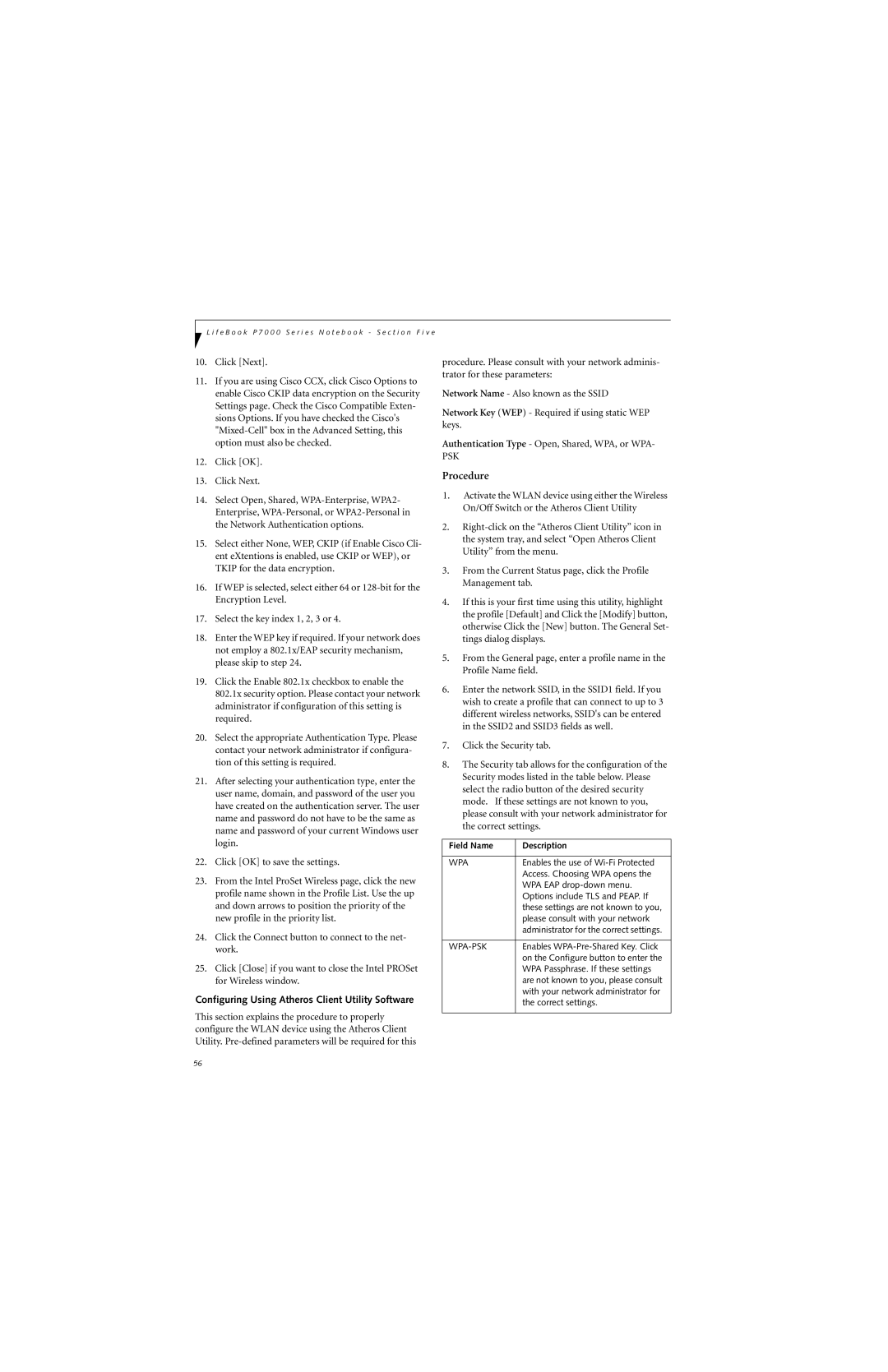 Fujitsu P7230 manual Click Next, Configuring Using Atheros Client Utility Software 